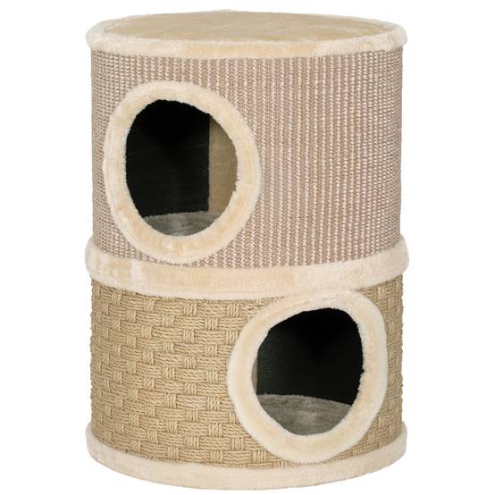 Tonneau à Griffer pour Chat 2 Niveaux Tour de Jeu en Sisal avec Lit Supérieur Niche Double 49 cm Kaki - ComfortXL Outdoor Living - Image 2