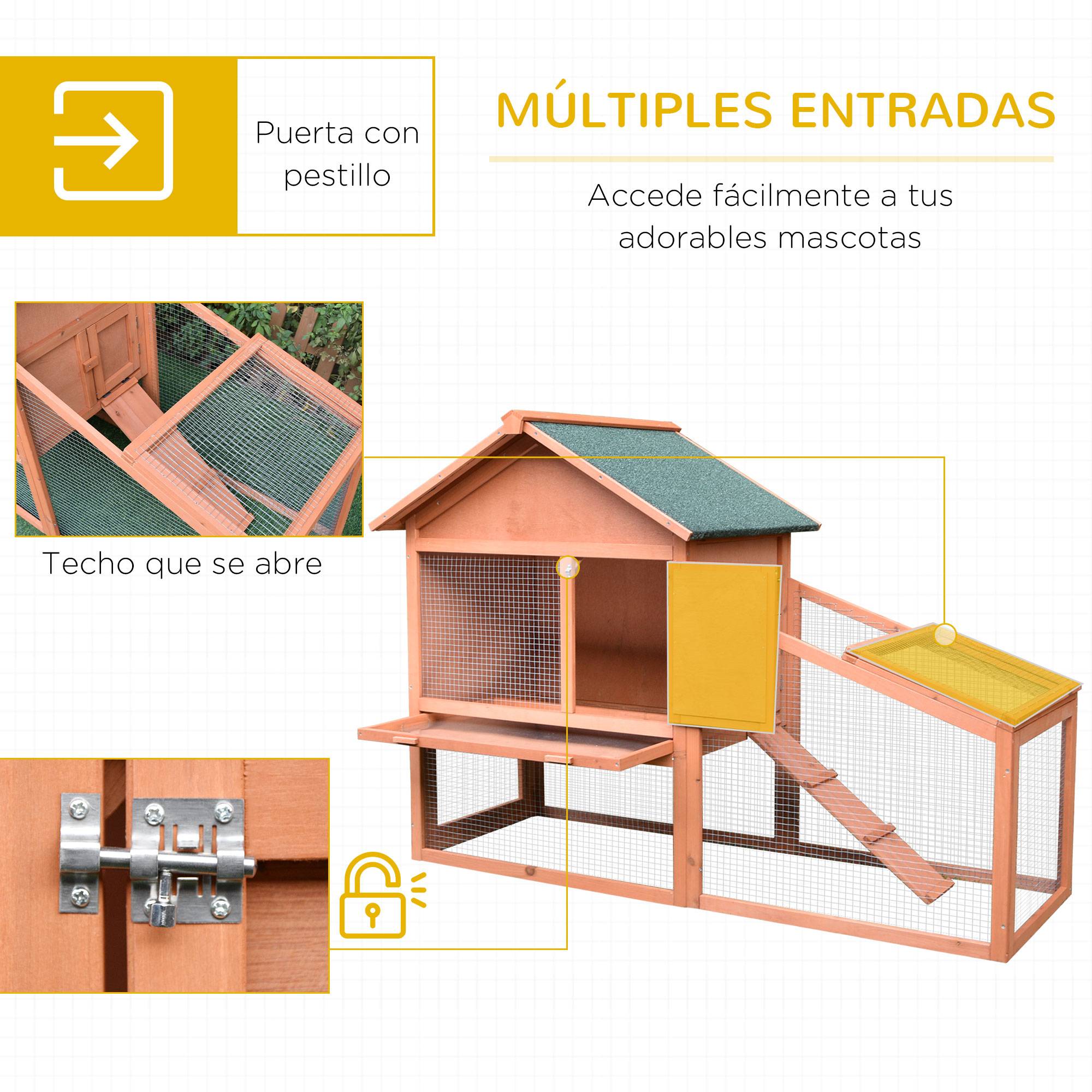 Clapier Bois Extérieur à 2 Niveaux avec Toit, Porte, Fenêtre et Bac Amovible, Grand Espace 144 x 64,5 x 100 cm - Image 7
