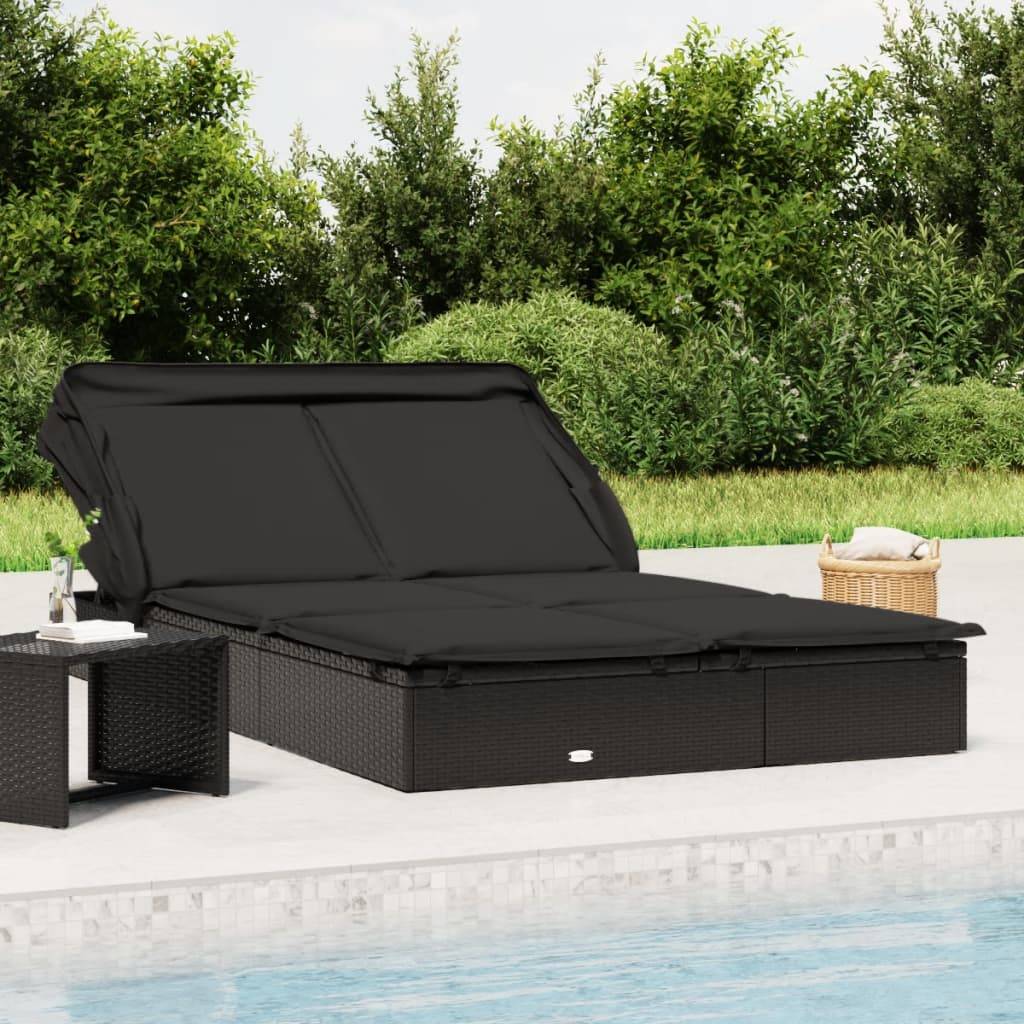 Transat | Bain de soleil | Chaise longue 2 places avec toit pliable noir 213x118x97 cm - Image 2