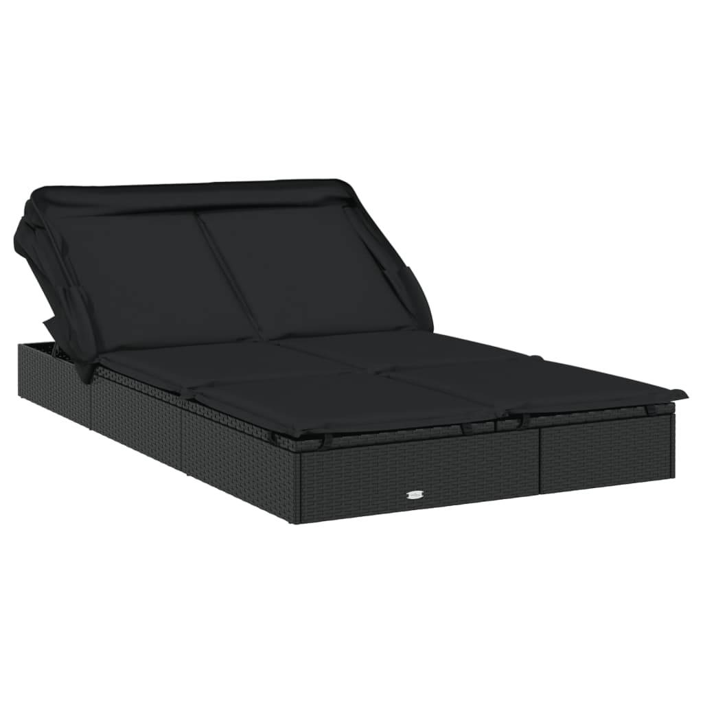 Transat | Bain de soleil | Chaise longue 2 places avec toit pliable noir 213x118x97 cm