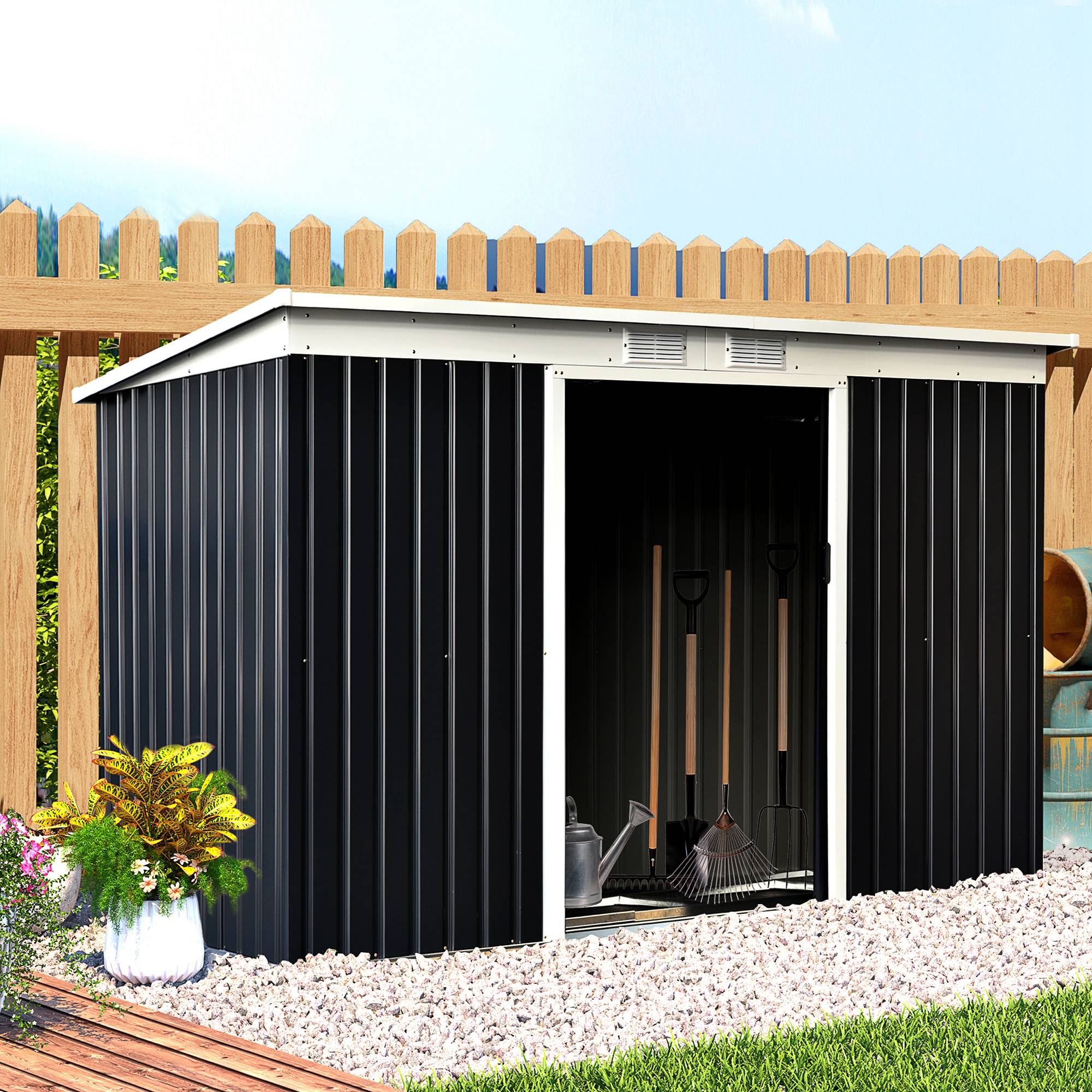Abri de jardin XXL 3,6 m² acier galvanisé 280x130x172 cm noir avec fondation, portes coulissantes ventilation - Image 3
