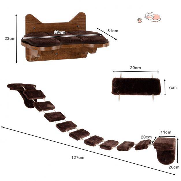 Helloshop26 - Arbre à chat mural en bois avec couchage et escalier pont à 9 étapes 123 x 20 x 17 cm charge max : 10 kg marron - Imagen 3