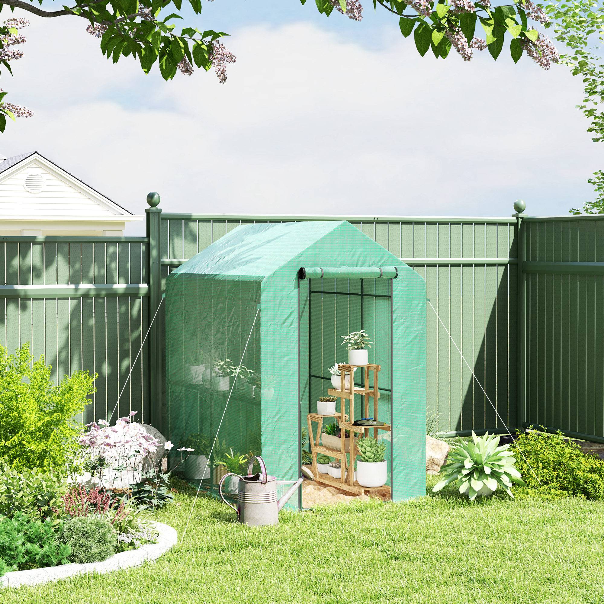 Serre de jardin PE étagère 2 niveaux, serre de balcon, bâche renforcée 140 g/m², châssis en acier, 186x120x190cm, vert - Image 4