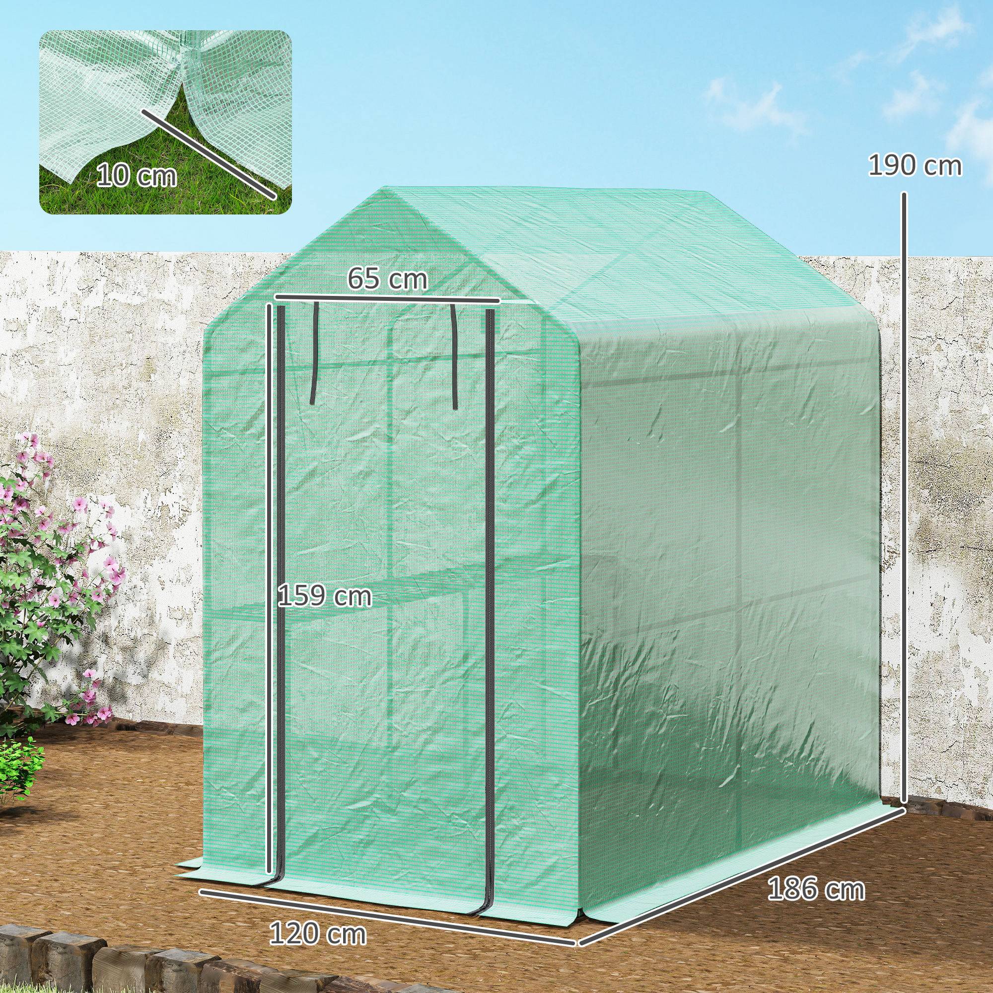 Serre de jardin PE étagère 2 niveaux, serre de balcon, bâche renforcée 140 g/m², châssis en acier, 186x120x190cm, vert - Image 5