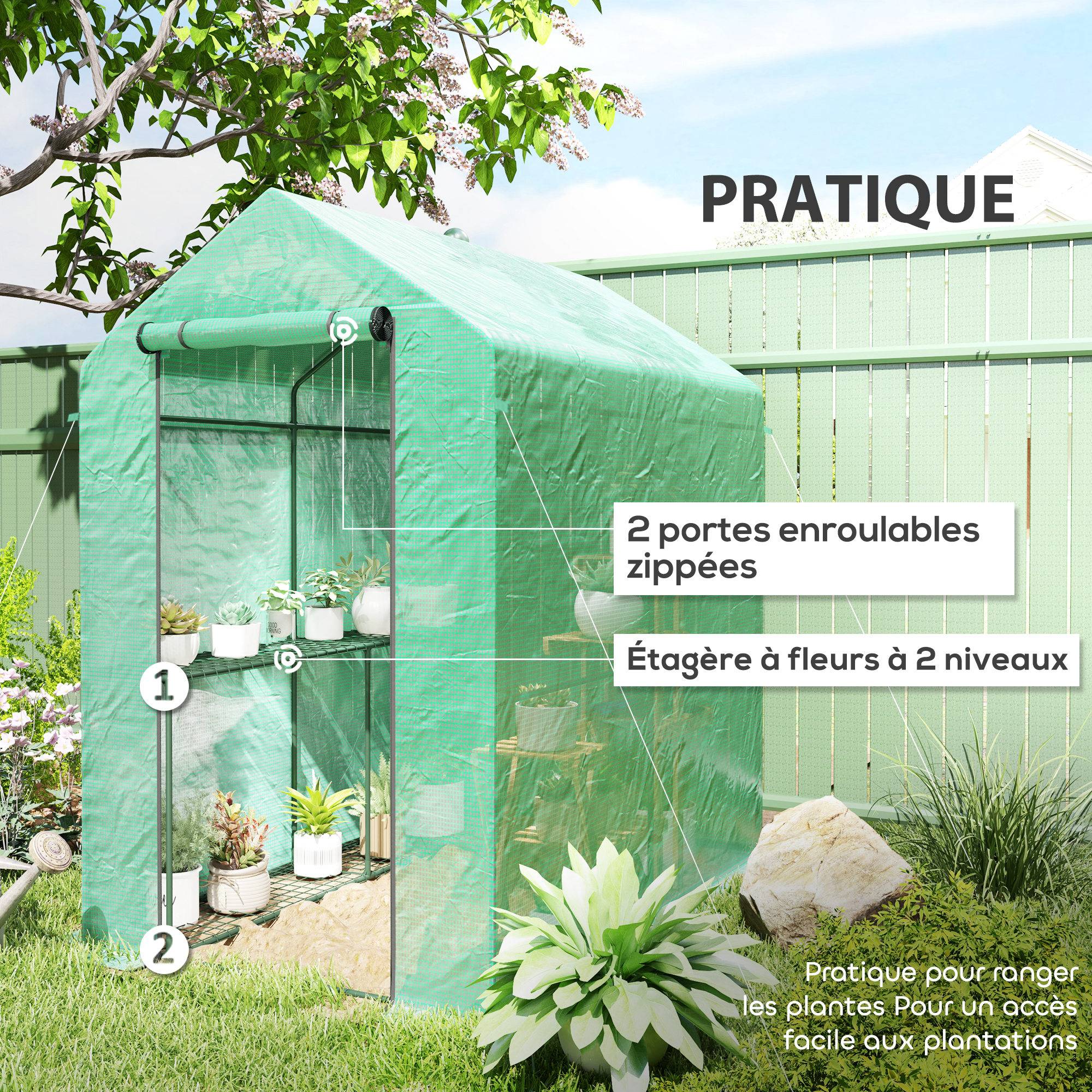 Serre de jardin PE étagère 2 niveaux, serre de balcon, bâche renforcée 140 g/m², châssis en acier, 186x120x190cm, vert - Image 7