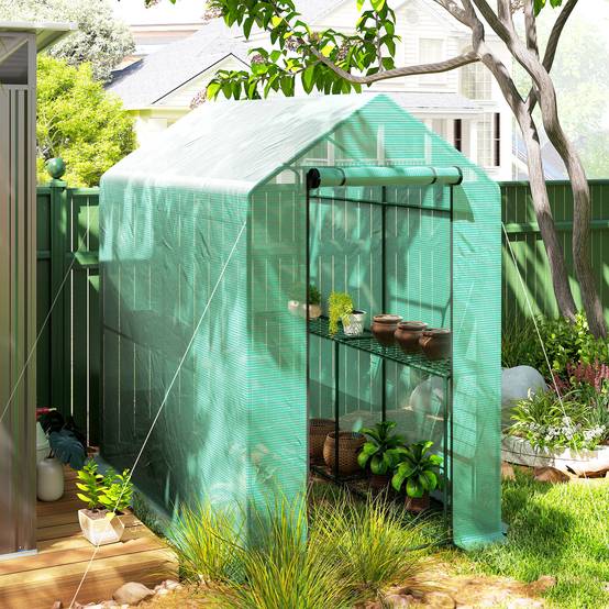 Serre de jardin PE étagère 2 niveaux, serre de balcon, bâche renforcée 140 g/m², châssis en acier, 186x120x190cm, vert - Image 10