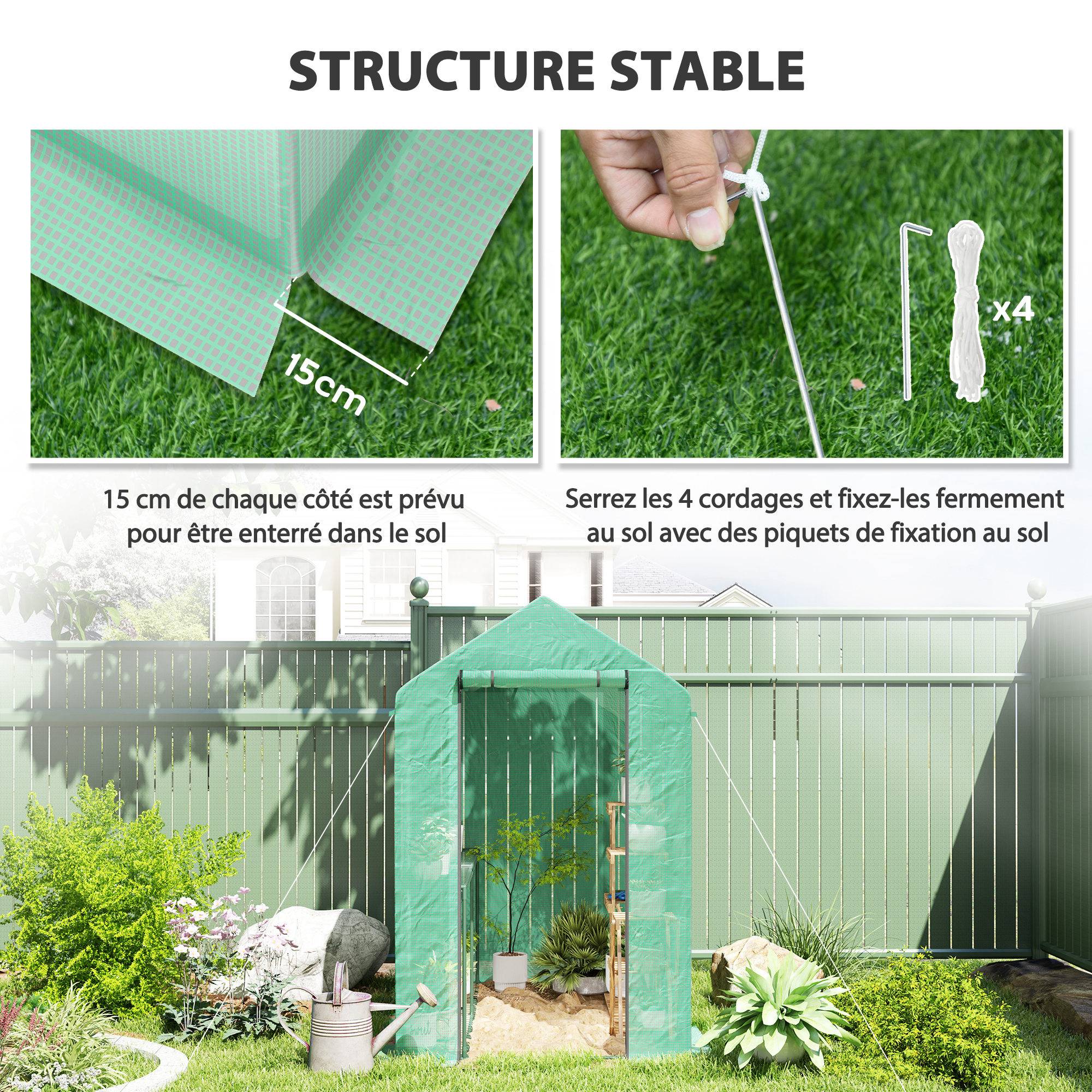 Serre de jardin PE étagère 2 niveaux, serre de balcon, bâche renforcée 140 g/m², châssis en acier, 186x120x190cm, vert - Image 8