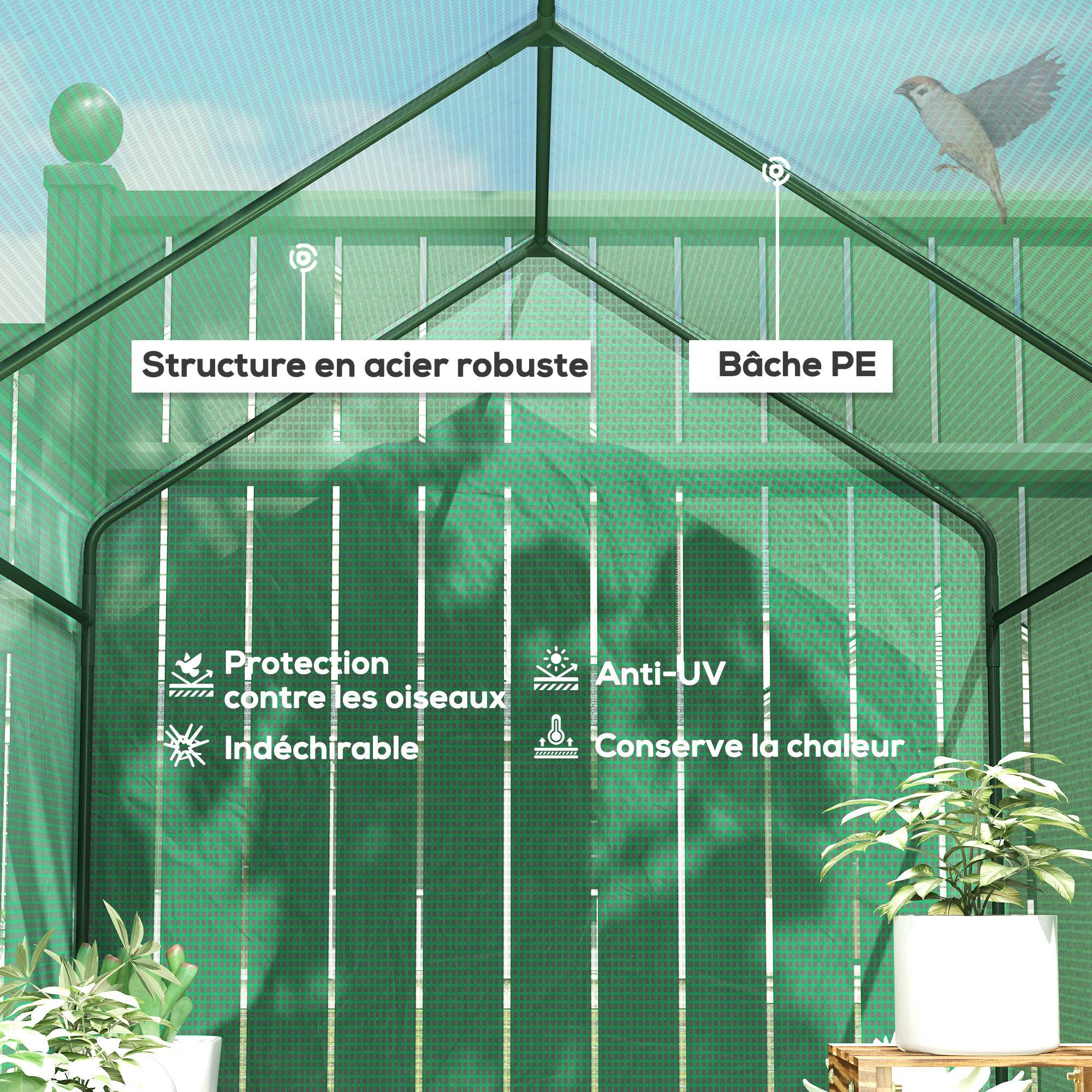 Serre de jardin PE étagère 2 niveaux, serre de balcon, bâche renforcée 140 g/m², châssis en acier, 186x120x190cm, vert - Image 6