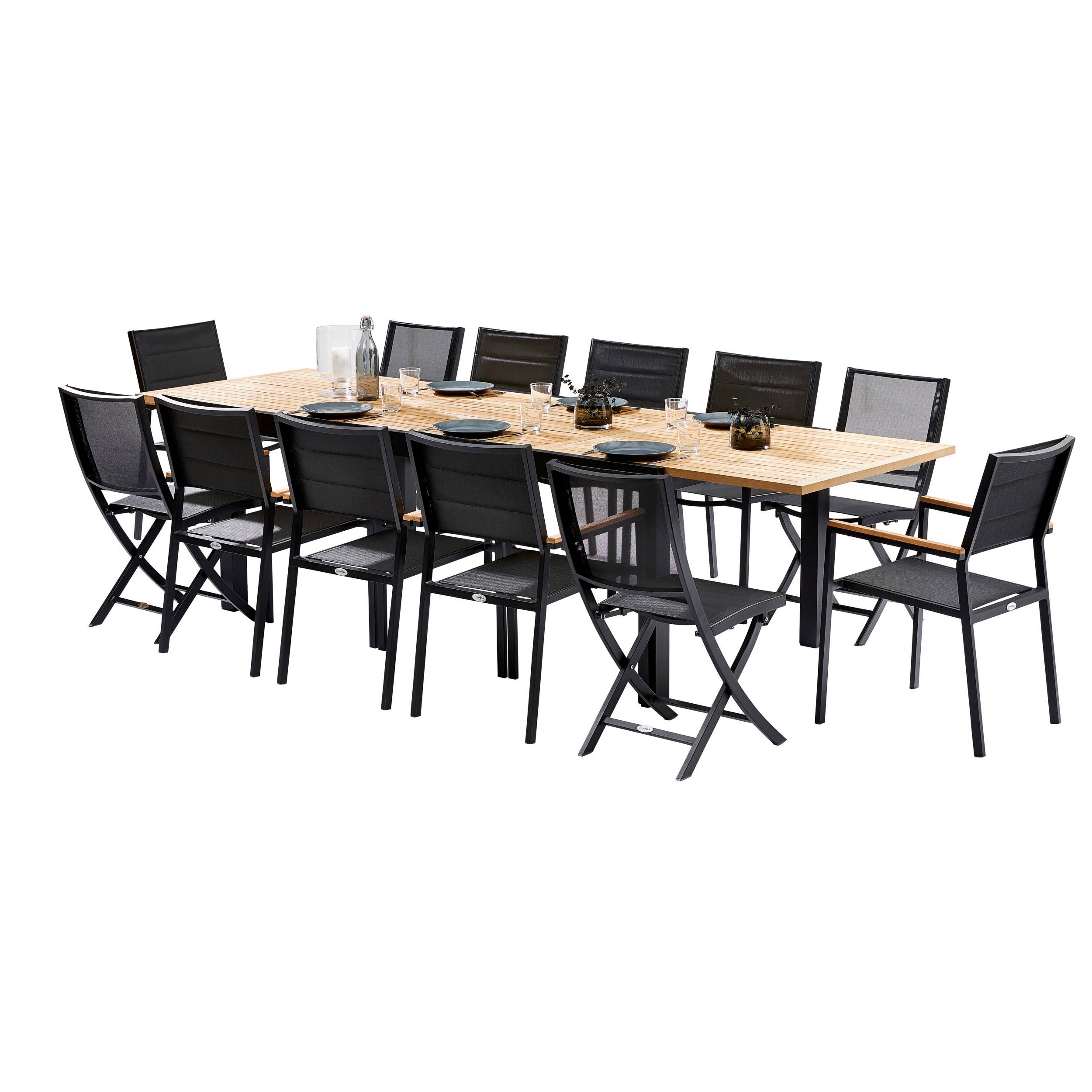 Wilsa Garden - Ensemble BALITECK 8/12p en aluminium noir, plateau en Teck avec 8 fauteuils et 4 chaises pliantes en aluminium et textilène - Imagen 3