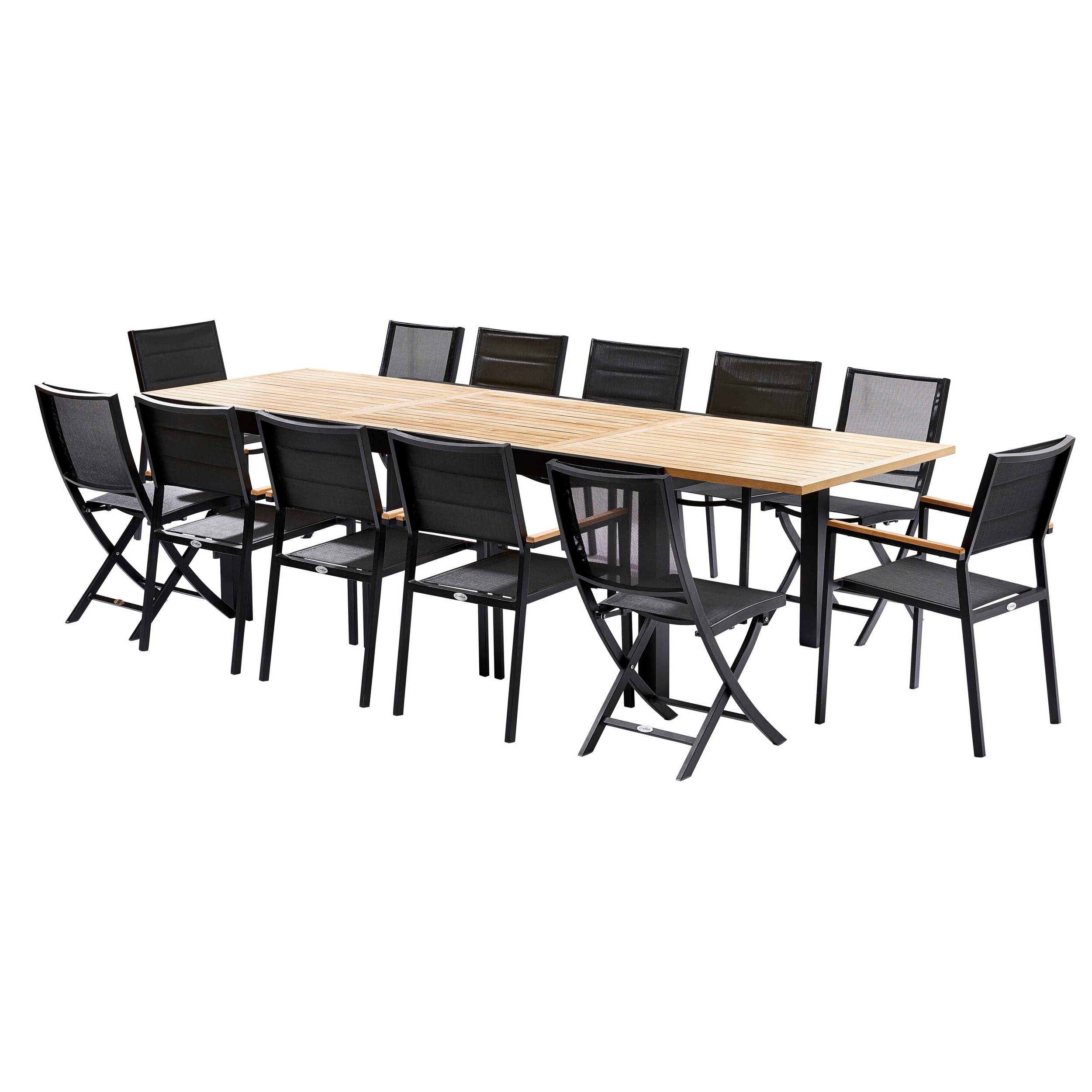 Wilsa Garden - Ensemble BALITECK 8/12p en aluminium noir, plateau en Teck avec 8 fauteuils et 4 chaises pliantes en aluminium et textilène - Imagen 1