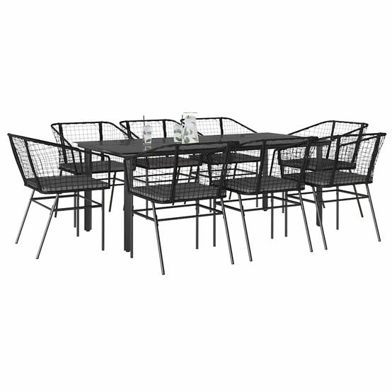 Salon de Jardin 8 Personnes Résine Tressée Grande Table Verre avec Coussins pour Famille Nombreuse Noir 200x100cm – ComfortXL Outdoor Living - Image 1
