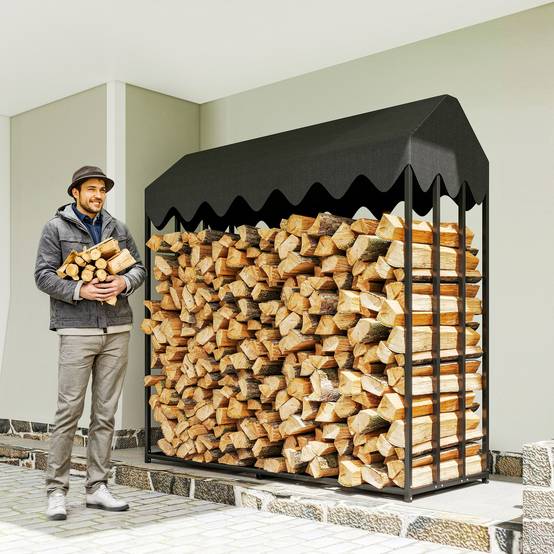 Porte-bûches extérieur en métal avec housse imperméable, 186 x 70 x 185 cm, noir - Image 3