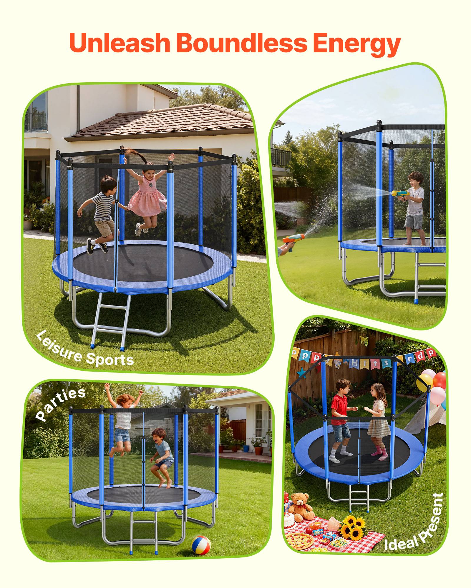 Vevor - VEVOR Trampoline extérieur 244 x 244 cm, cadre acier antirouille, filet sécurité 360°, 42 ressorts, capacité 120 kg, conforme ASTM. - Image 6
