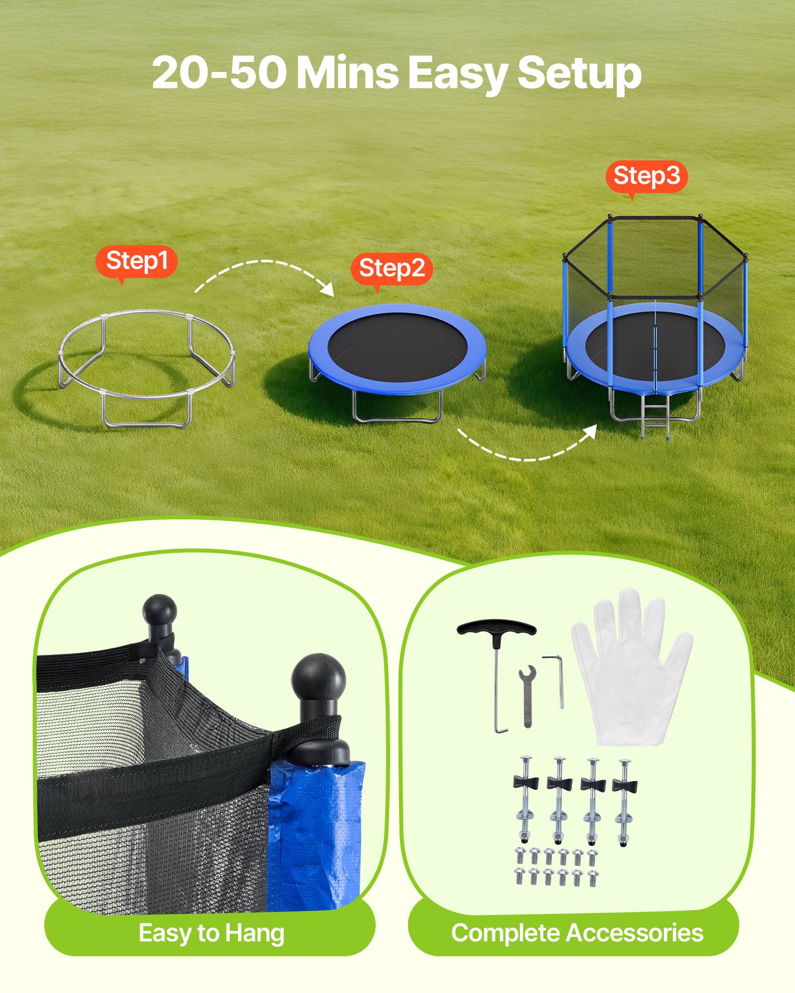 Vevor - VEVOR Trampoline extérieur 244 x 244 cm, cadre acier antirouille, filet sécurité 360°, 42 ressorts, capacité 120 kg, conforme ASTM. - Image 5