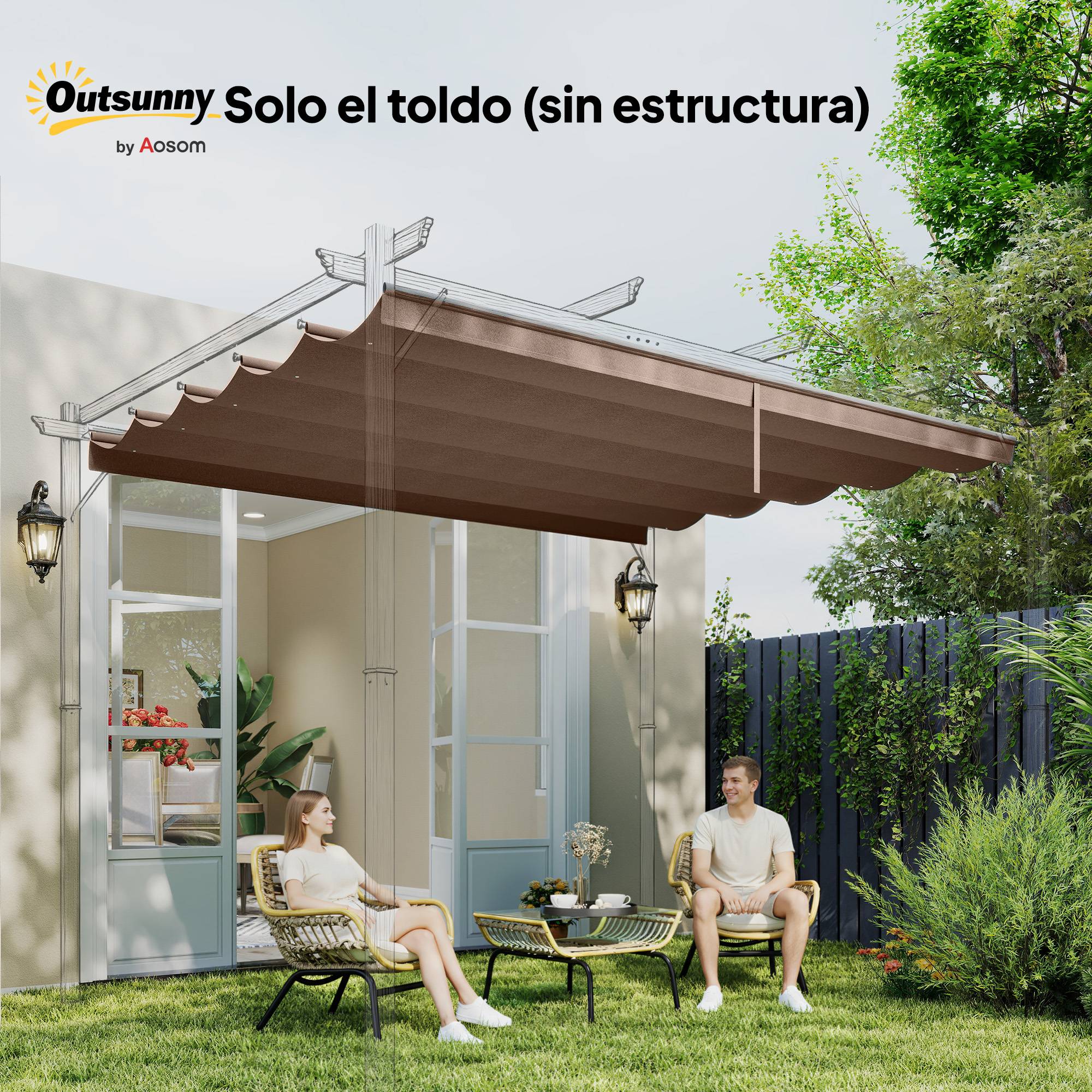 Toile de Rechange pour Pergola 3x3m Tissu Polyester Rétractable Anti-UV avec Drainage 250x255 cm Café - ComfortXL Outdoor Living - Image 9