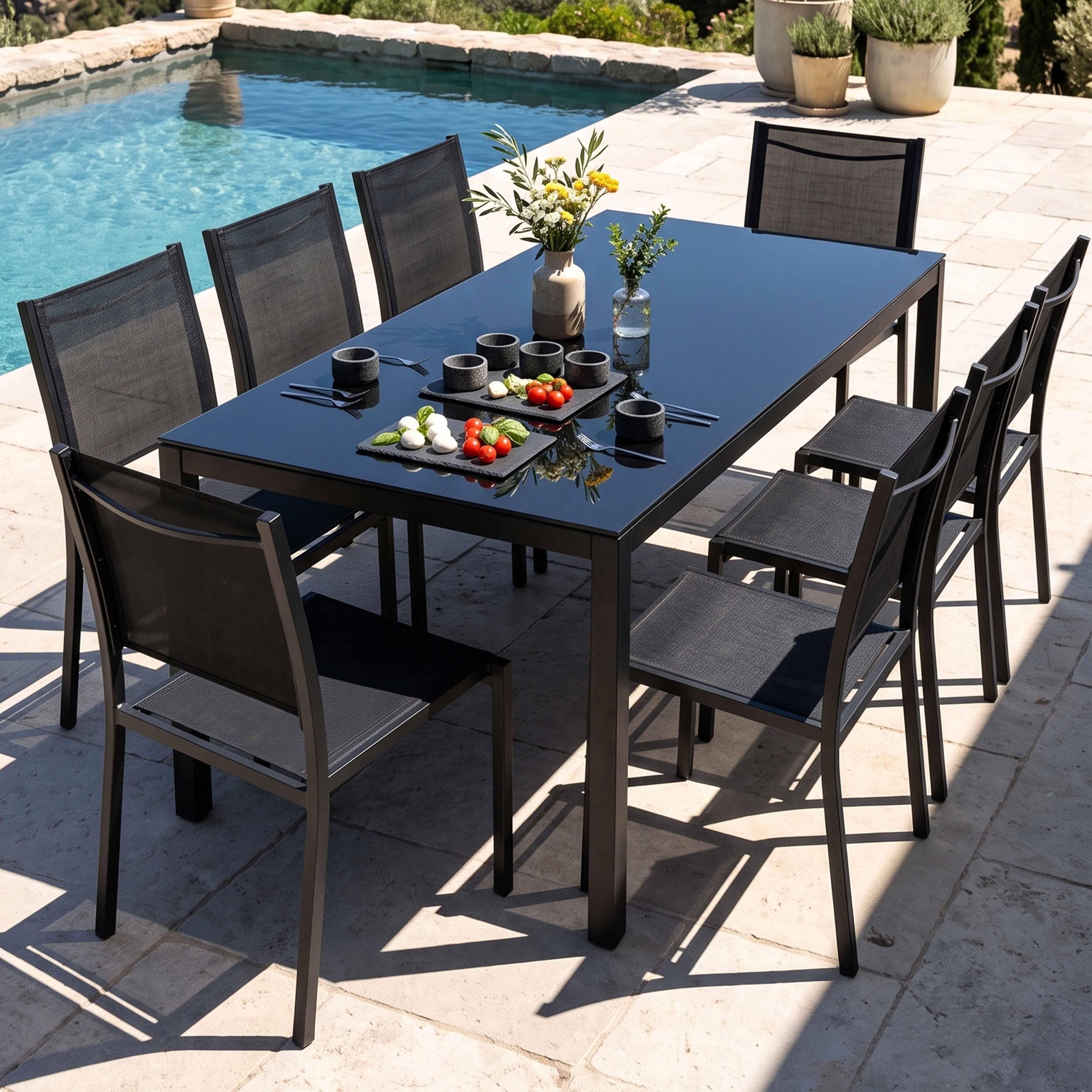 Oviala - Ensemble table de jardin et 8 chaises avec plateau verre noir Ajaccio - Oviala - Image 2