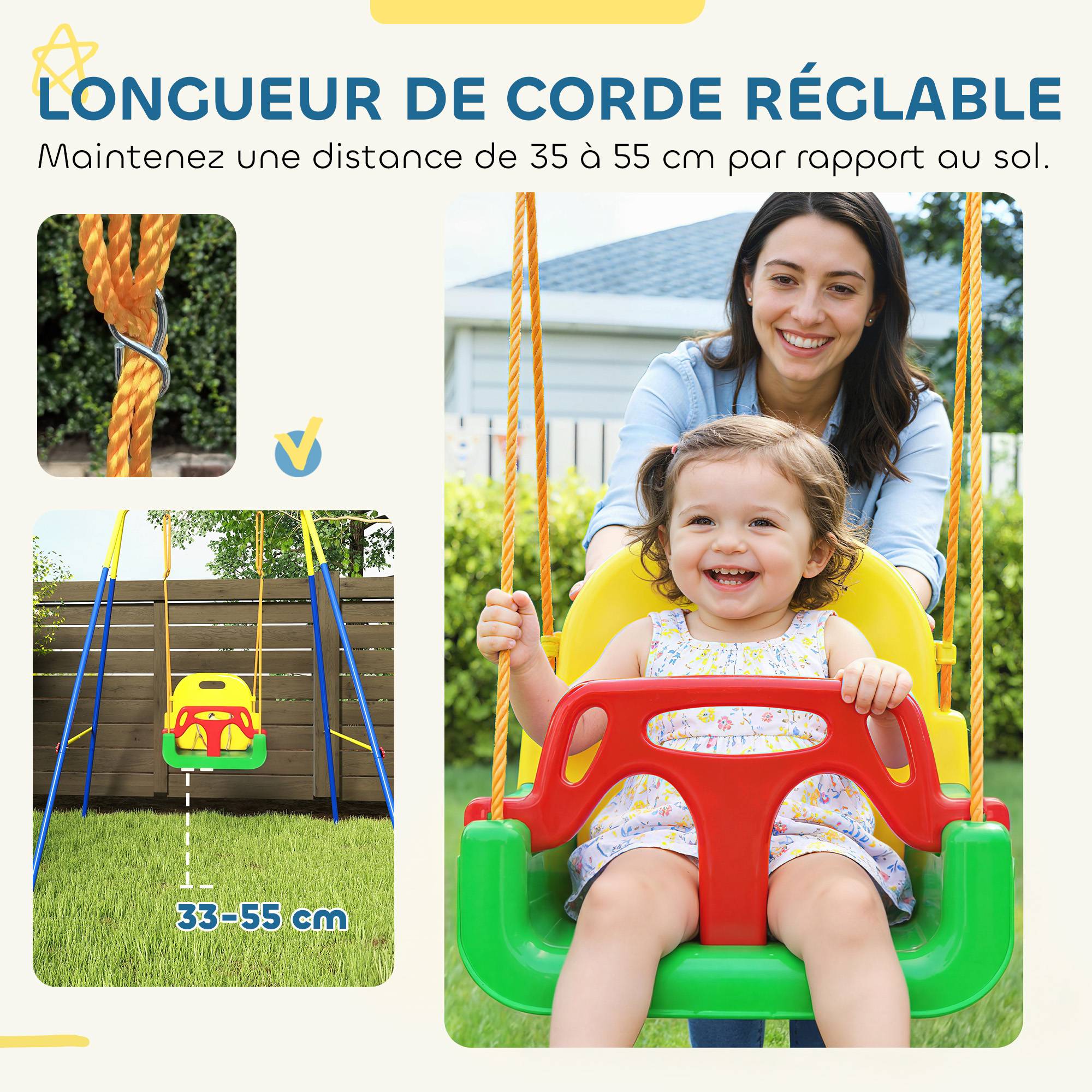 ComfortXL - Portique balançoire enfant 3 en 1 en acier et PP multicolore pliable pour jardin et maison avec siège réglable - Image 5