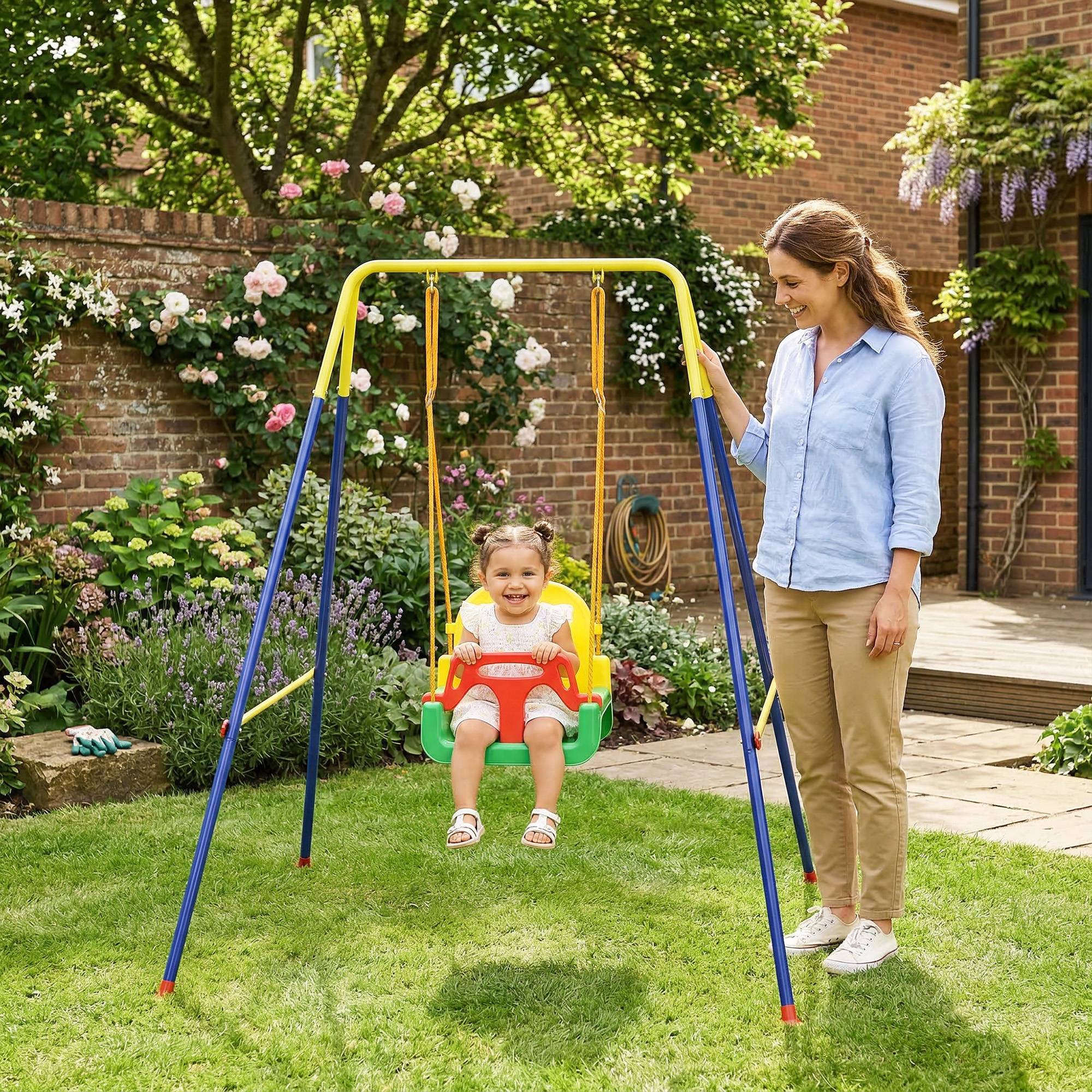 ComfortXL - Portique balançoire enfant 3 en 1 en acier et PP multicolore pliable pour jardin et maison avec siège réglable - Image 1