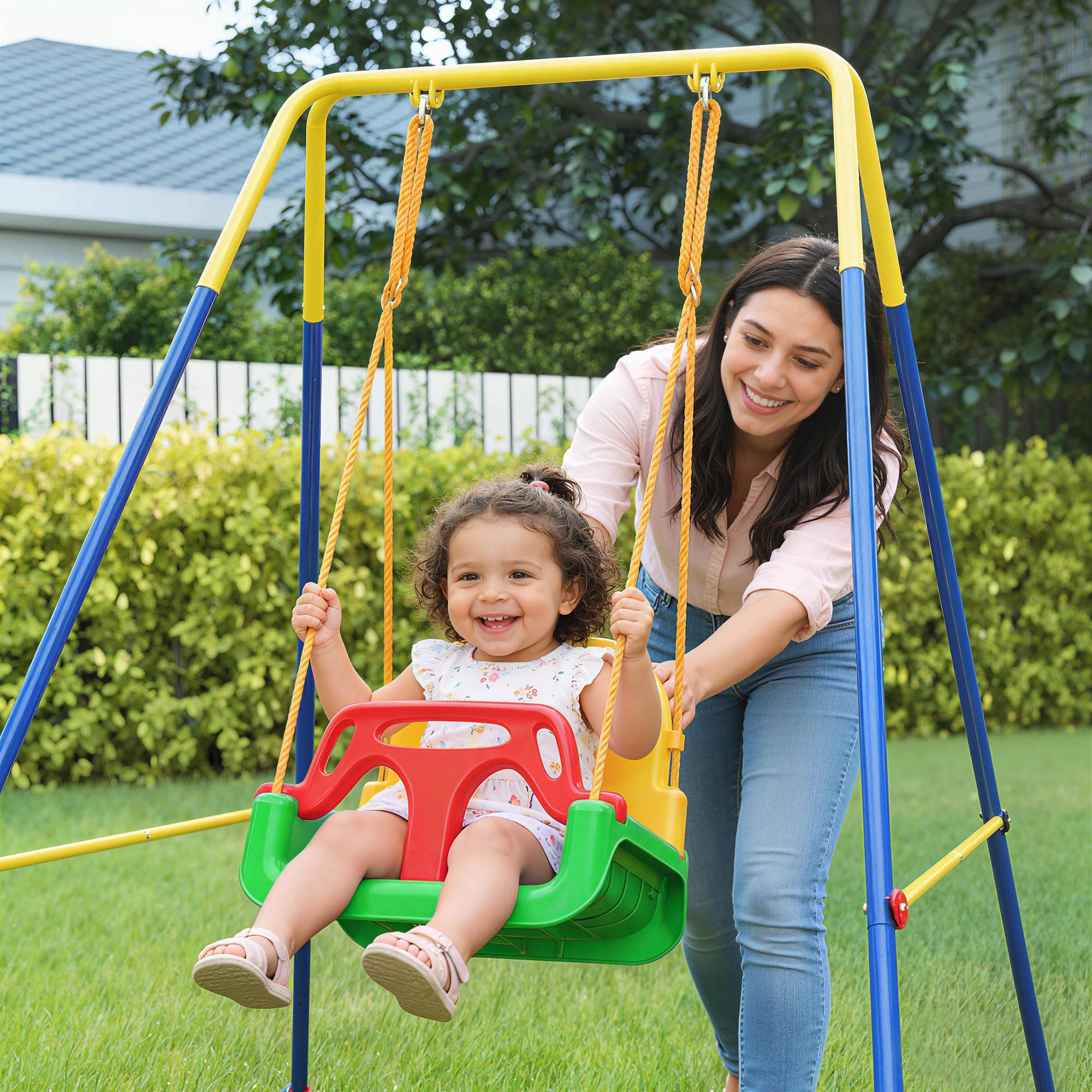 ComfortXL - Portique balançoire enfant 3 en 1 en acier et PP multicolore pliable pour jardin et maison avec siège réglable - Image 9
