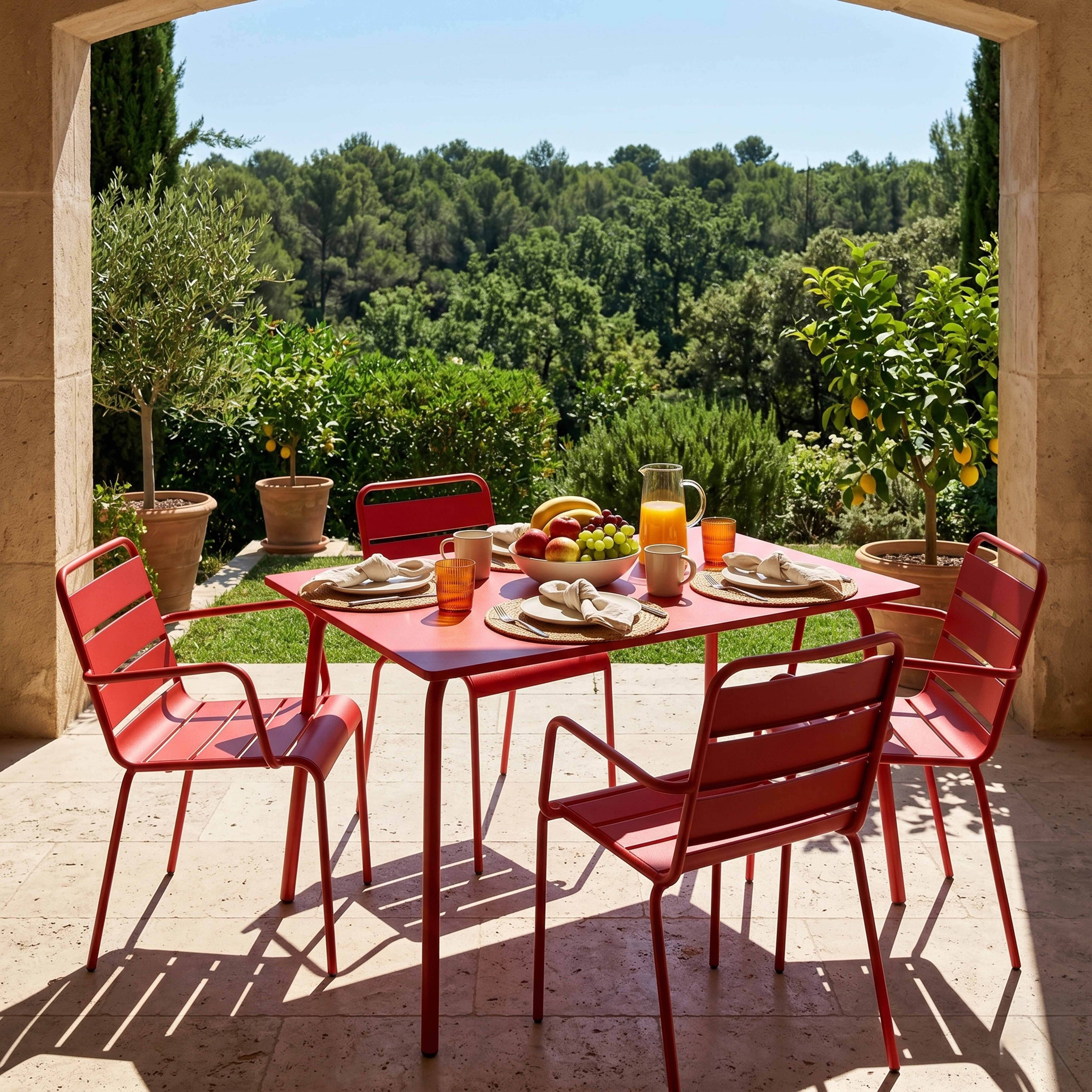 Oviala - Ensemble table de jardin et 4 fauteuils en métal rouge Palavas - Oviala - Imagen 2