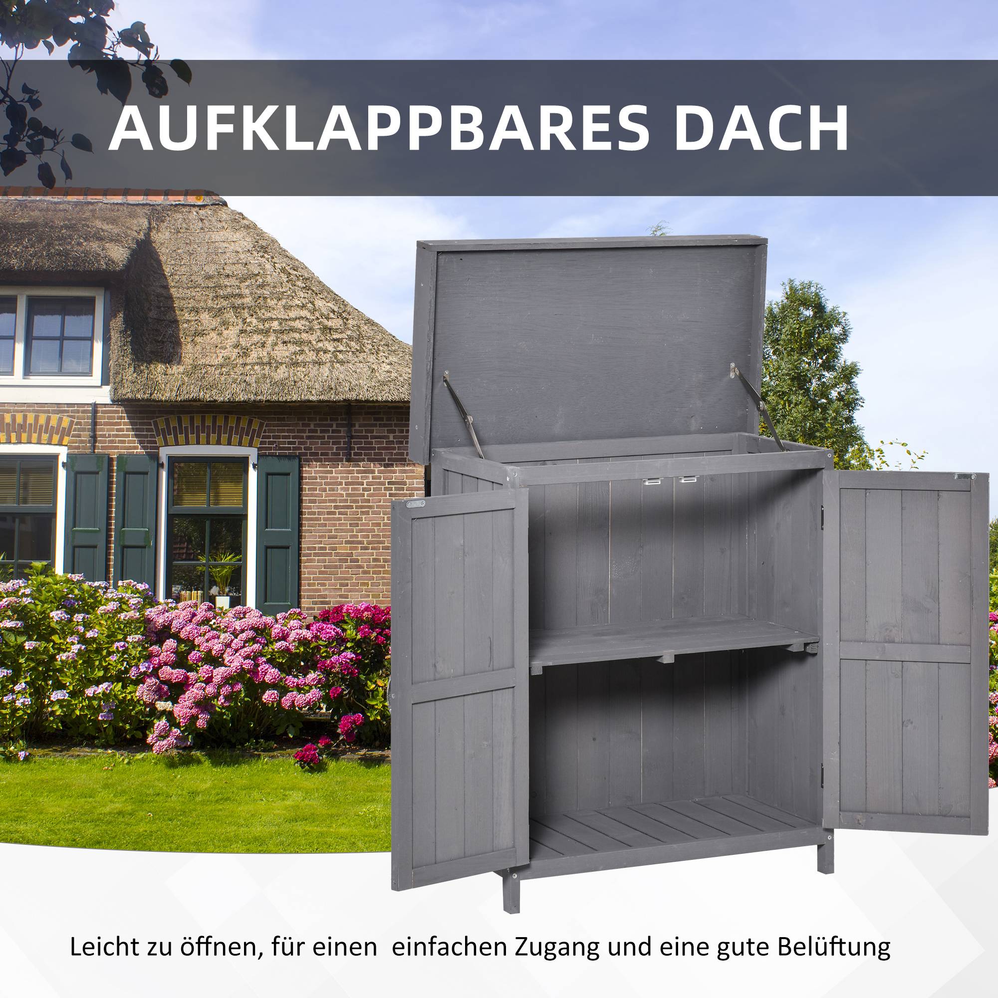 ComfortXL - Armoire de jardin en sapin gris 74 x 43 x 88 cm pour terrasse rangement compact à double porte et couvercle - Image 5