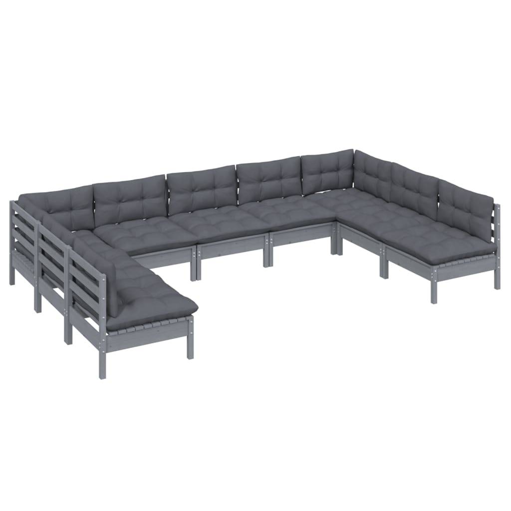 Helloshop26 - Salon de jardin meuble d'extérieur ensemble de mobilier 9 pièces avec coussins gris bois de pin solide - Imagen 1