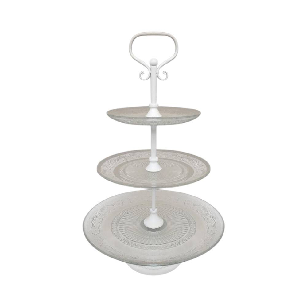 ~ Plateau à gâteaux 3 étages en métal et verre blanc Ø.32 x 52 cm Chemin de campagne