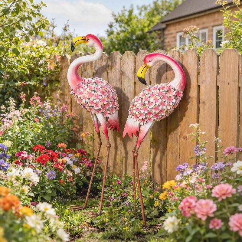 Statues Flamant Rose Métal Décoration Jardin Extérieur Anti-Rouille Lot 2 Rouge - ComfortXL Outdoor Living - Image 1