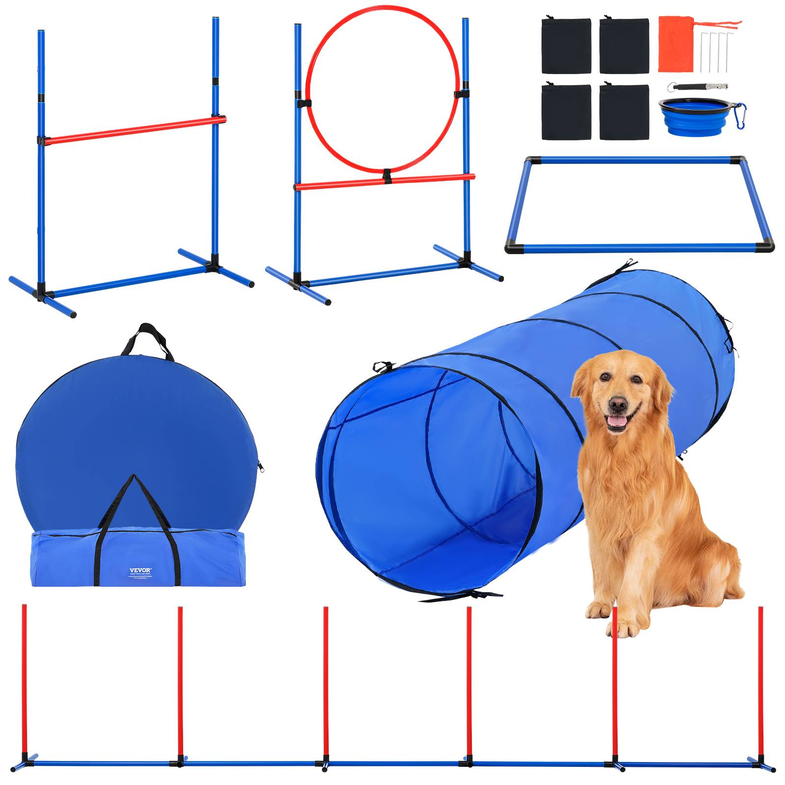 VEVOR Équipements agilité chien, 5 pièces, haies, 6 poteaux, tunnel. Anneau saut, sifflet.