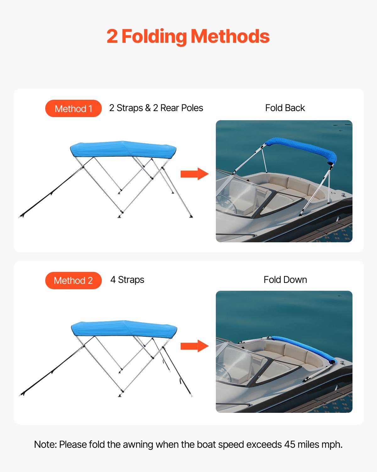 Vevor - VEVOR Bimini bateau taud de soleil 3 arceaux 155-167 cm polyester Bleu Pacifique - Image 4