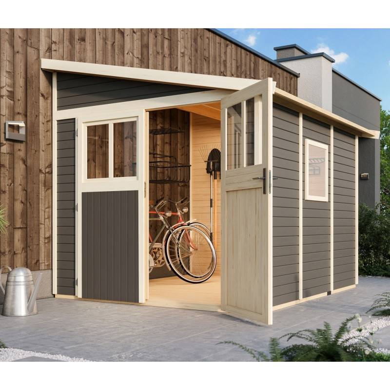 Abri de jardin adossé 6,23m² en épicéa gris terre avec embase incluse Karibu - Image 1