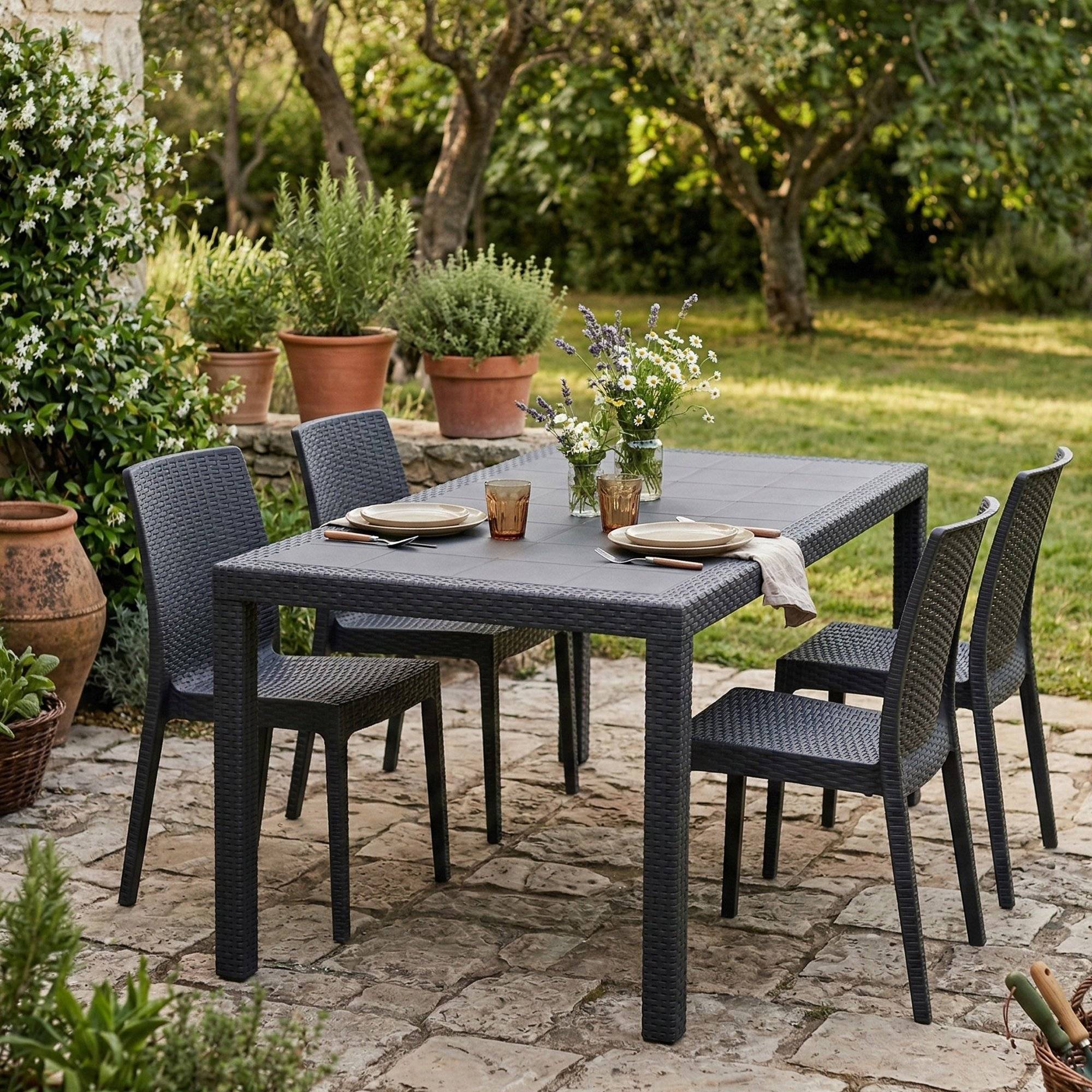 Dmora - Table d'extérieur Portici, Étagère à manger rectangulaire, Table de jardin polyvalente effet rotin, 150x90h72 cm, Anthracite - Dmora - Imagen 2