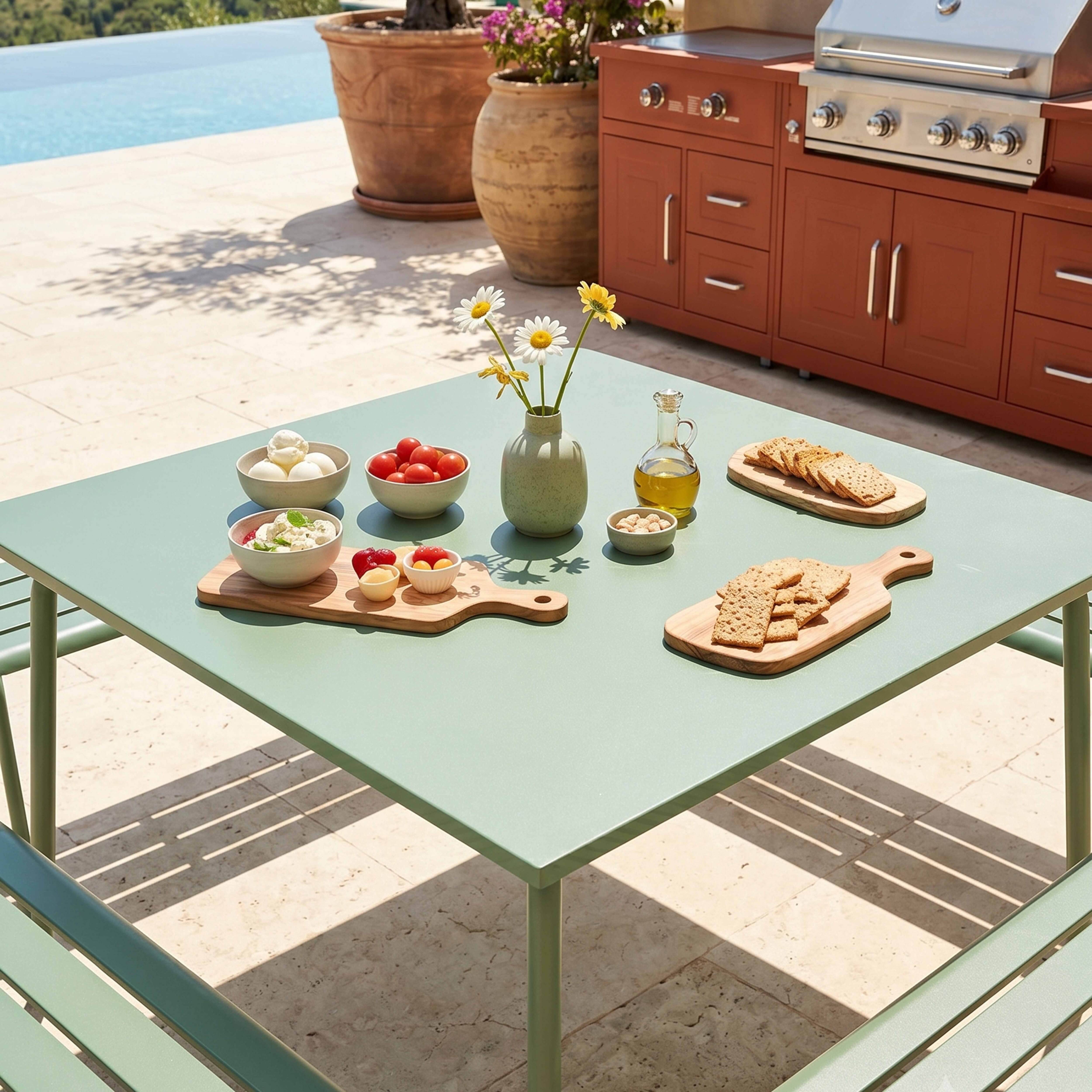 Oviala - Ensemble table de jardin carrée et 4 bancs en métal vert sauge Palavas - Oviala - Imagen 3