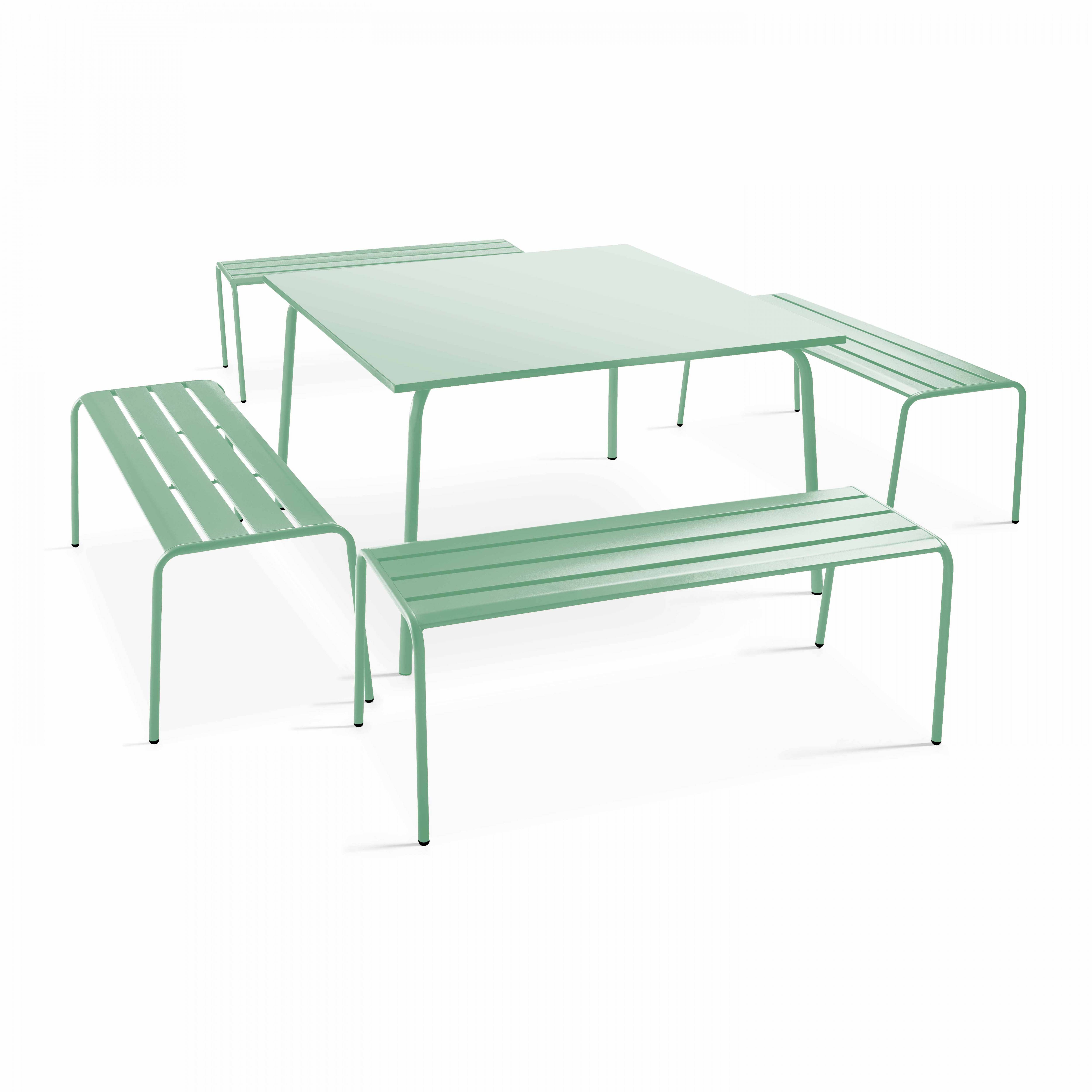 Oviala - Ensemble table de jardin carrée et 4 bancs en métal vert sauge Palavas - Oviala - Imagen 1