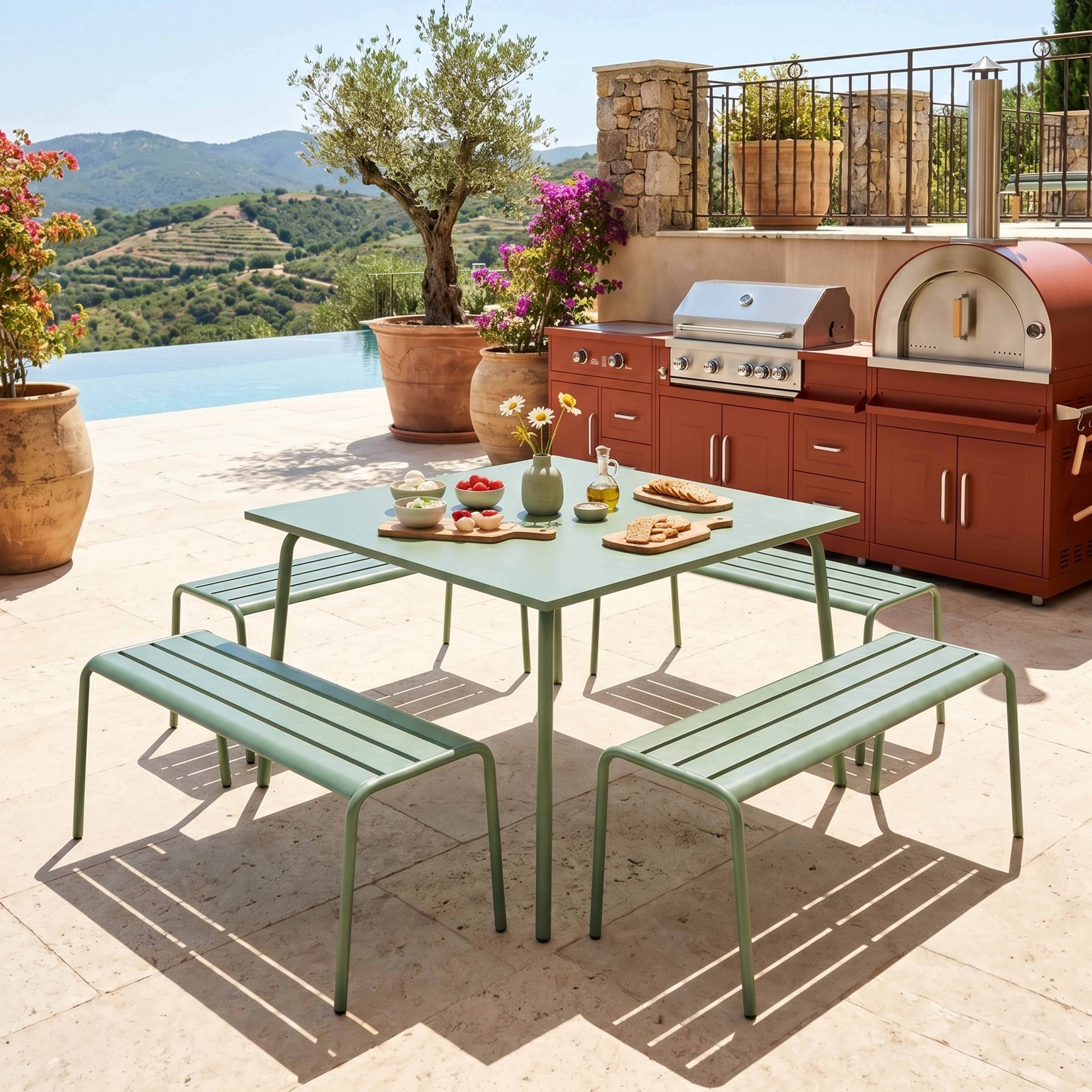 Oviala - Ensemble table de jardin carrée et 4 bancs en métal vert sauge Palavas - Oviala - Imagen 2