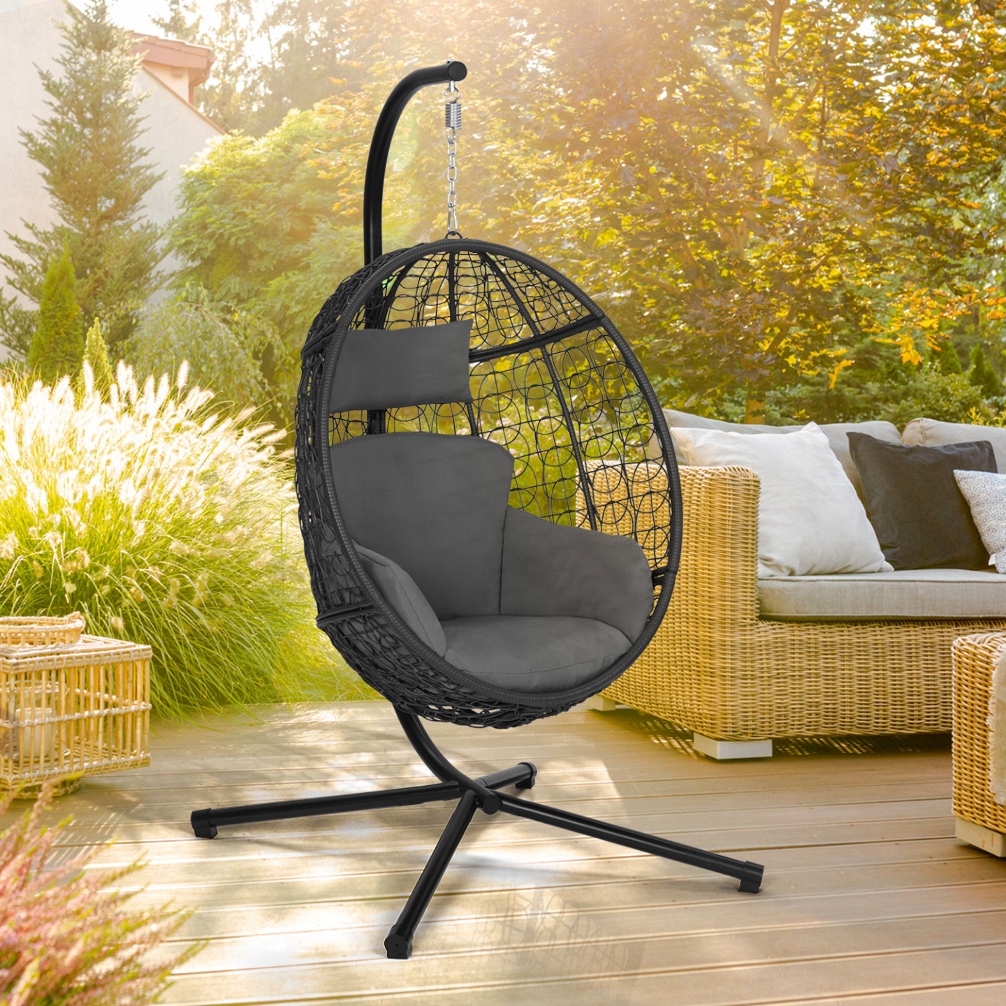 IDMARKET - Fauteuil oeuf suspendu ajouré effet rotin gris avec coussin gris - Image 1
