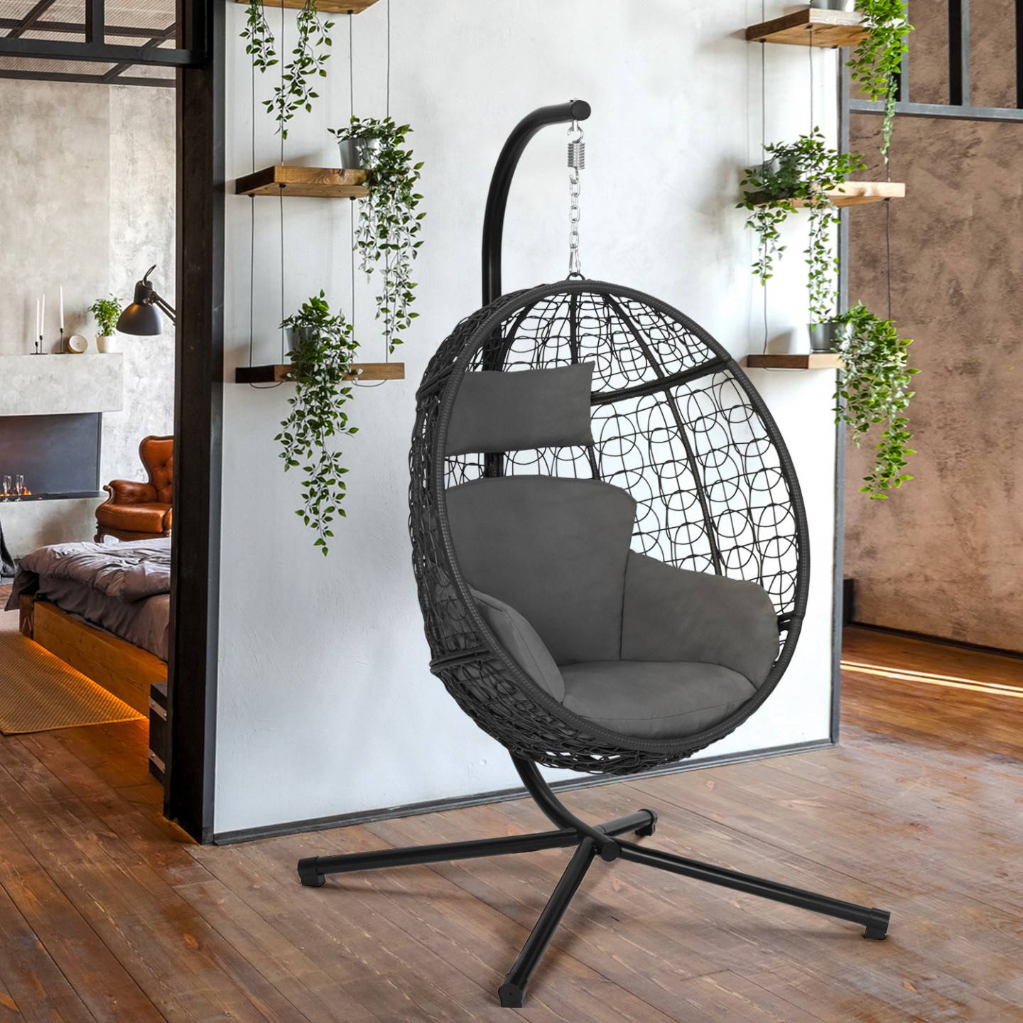 IDMARKET - Fauteuil oeuf suspendu ajouré effet rotin gris avec coussin gris - Image 3