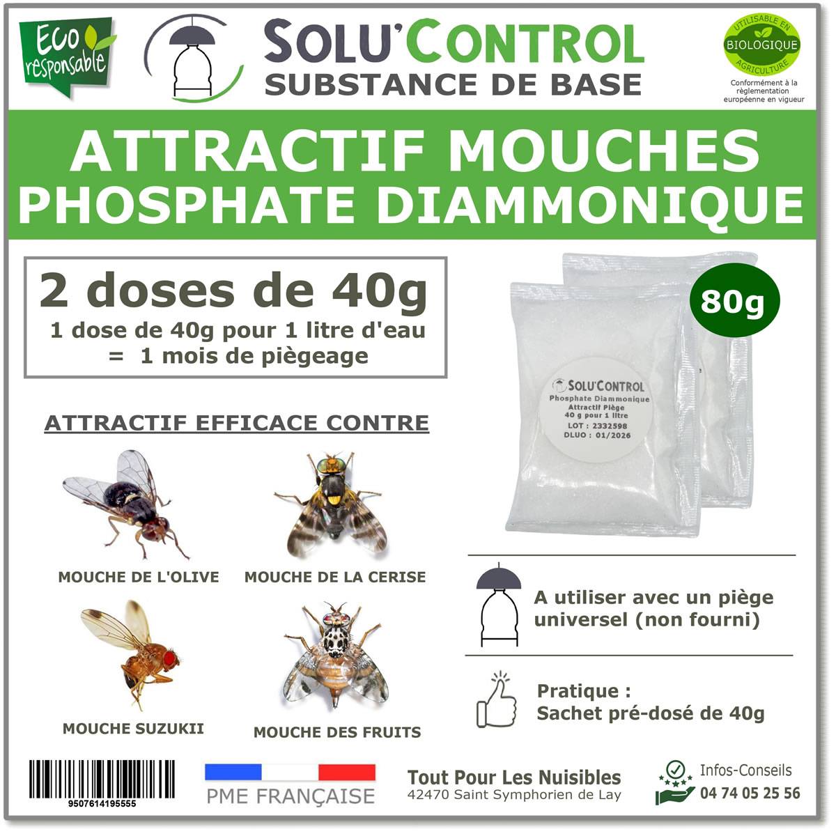 SOLU'CONTROL - Phosphate Diammonique, appât naturel contre les mouches des fruits - Sachet de 80g - Image 1