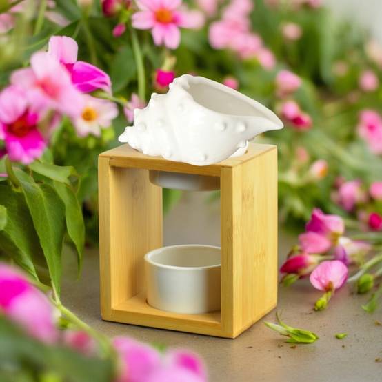Brûle Parfum Shell - Brûleur Fondant Parfumé – Diffuseur Huile Essentielle – Brûleur en céramique et bambou - H: 12 cm - Zen'Arôme - Image 1