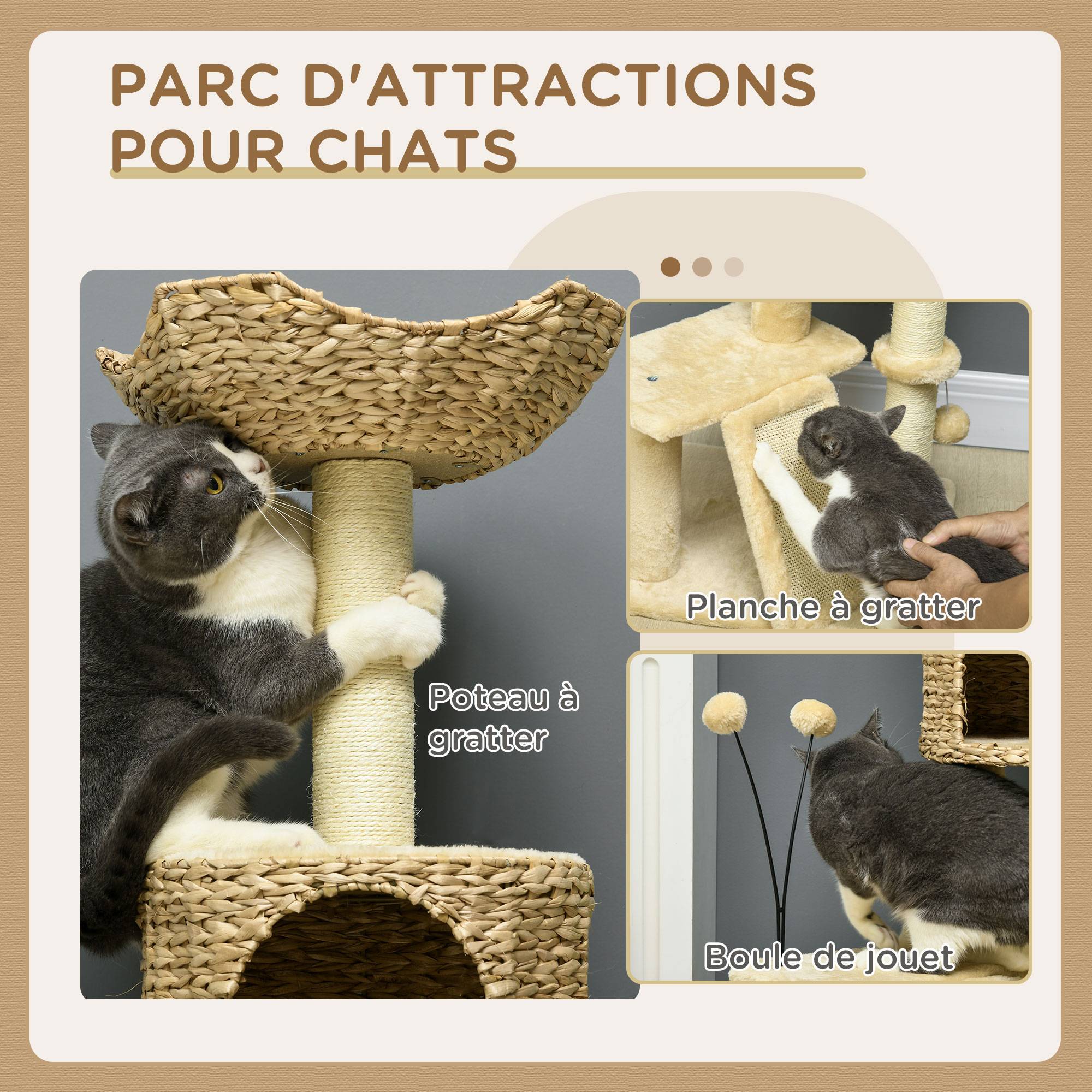 Pawhut - Arbre à chat style cosy chic griffoirs grattoir sisal naturel équipement multiple peluche jacinthe d'eau beige - Imagen 6