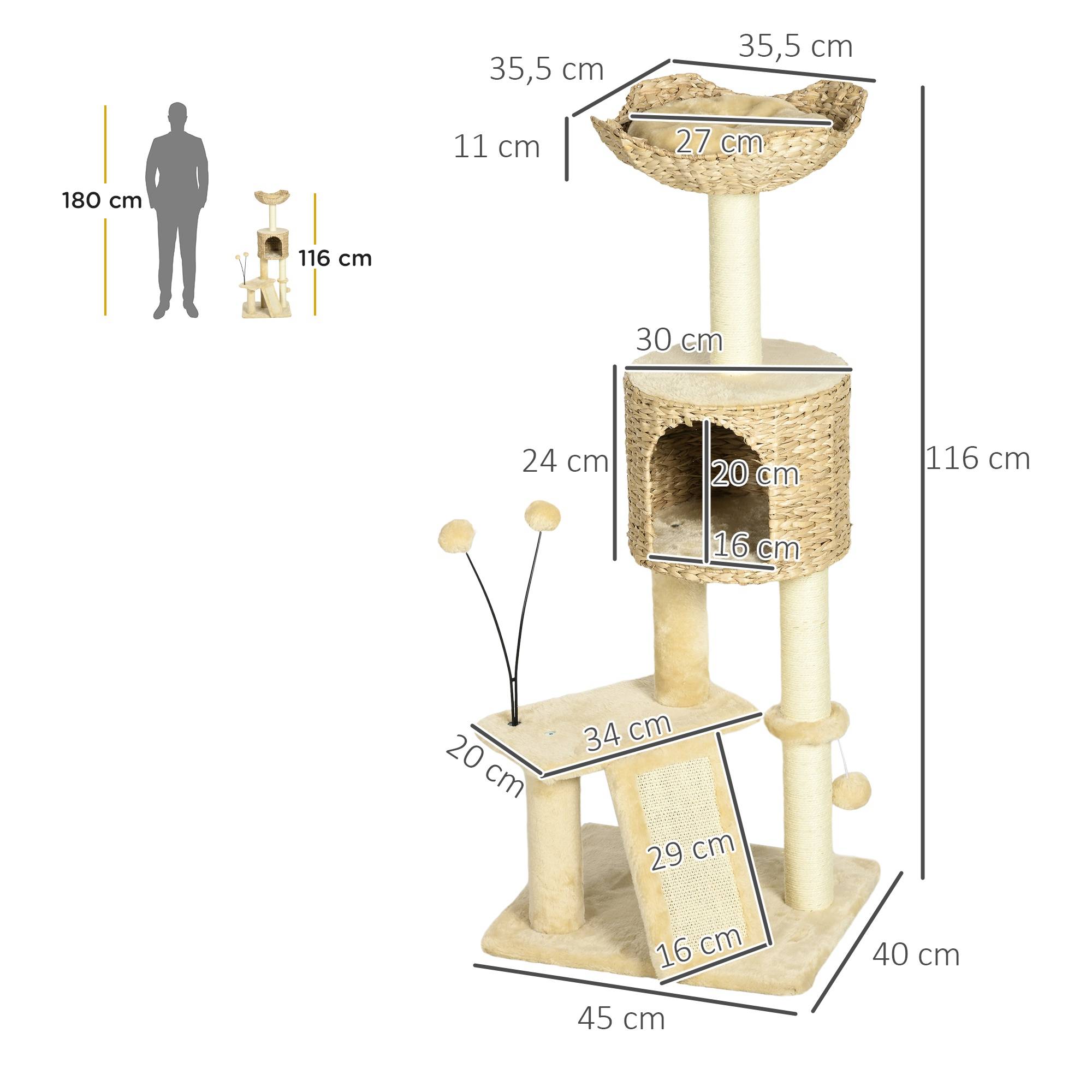 Pawhut - Arbre à chat style cosy chic griffoirs grattoir sisal naturel équipement multiple peluche jacinthe d'eau beige - Imagen 3