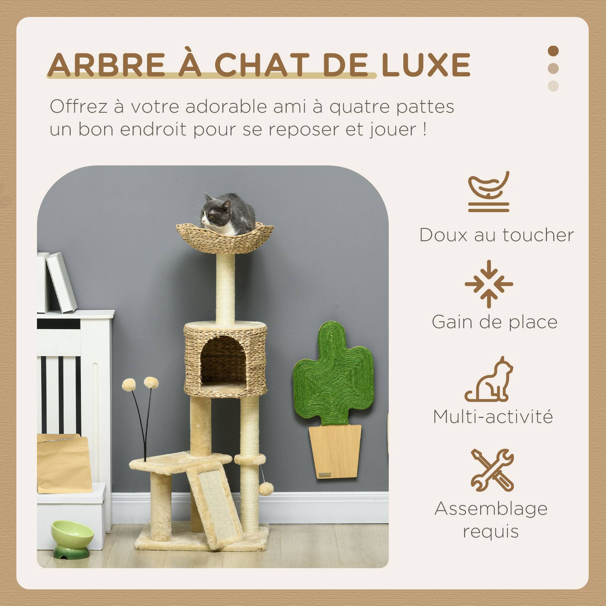 Pawhut - Arbre à chat style cosy chic griffoirs grattoir sisal naturel équipement multiple peluche jacinthe d'eau beige - Imagen 4