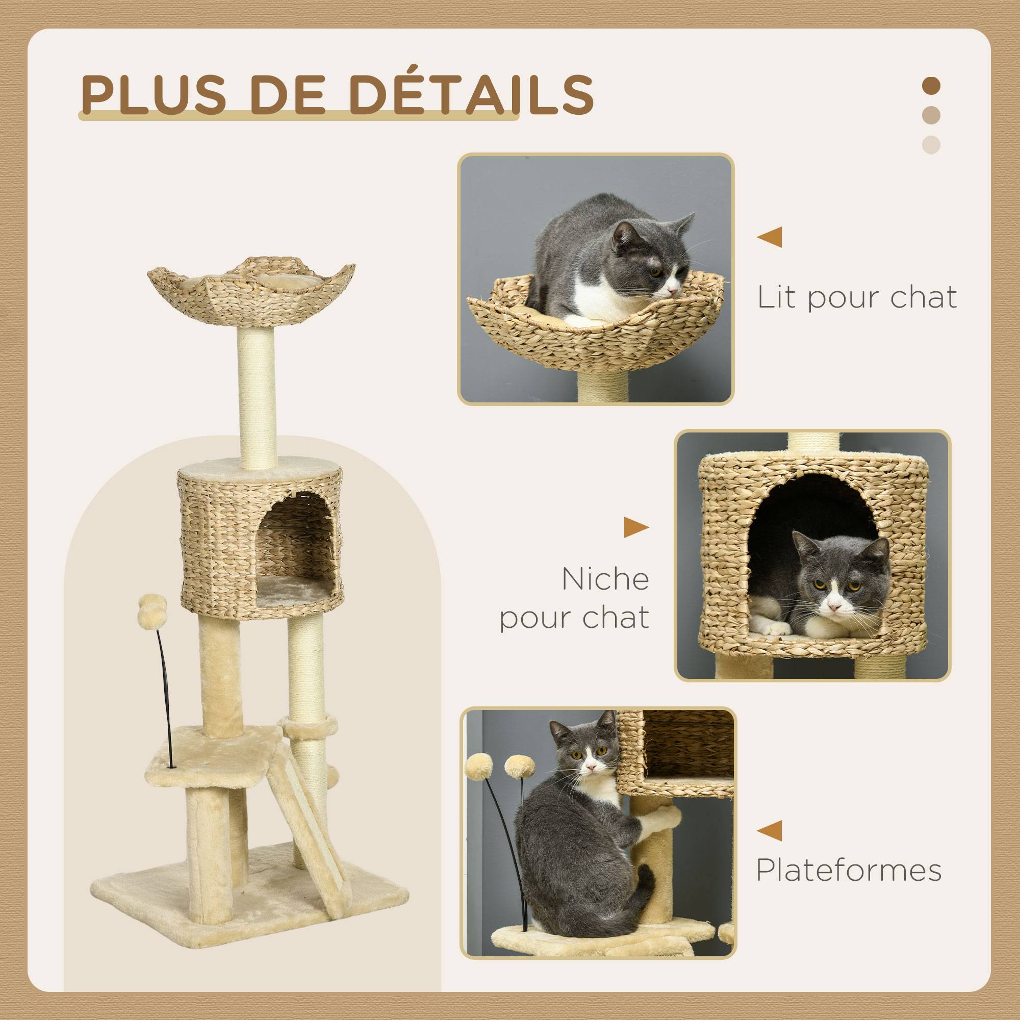 Pawhut - Arbre à chat style cosy chic griffoirs grattoir sisal naturel équipement multiple peluche jacinthe d'eau beige - Imagen 5