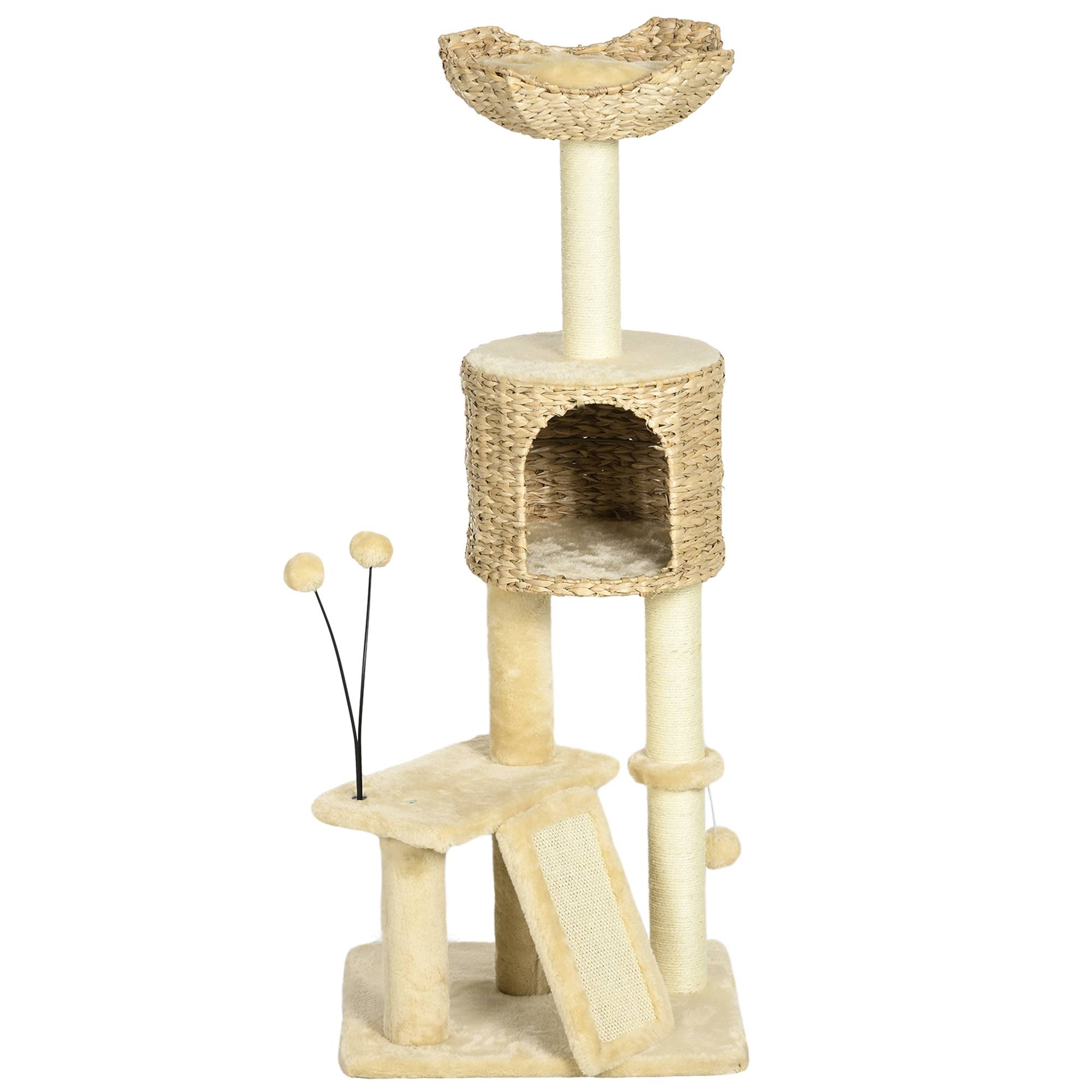 Pawhut - Arbre à chat style cosy chic griffoirs grattoir sisal naturel équipement multiple peluche jacinthe d'eau beige - Imagen 1