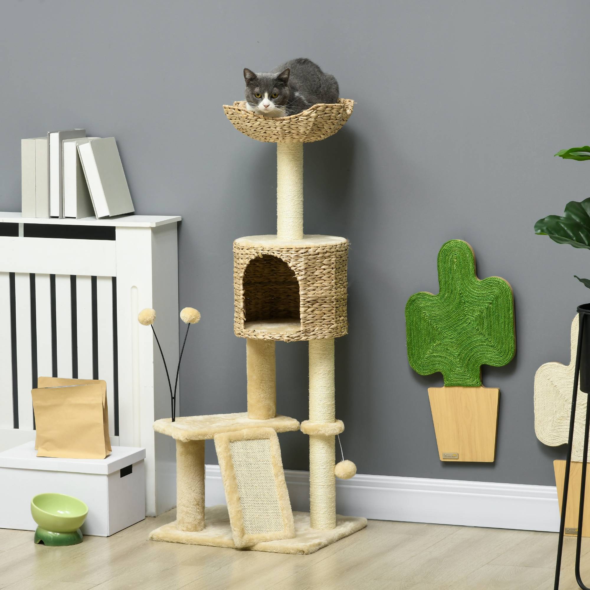 Pawhut - Arbre à chat style cosy chic griffoirs grattoir sisal naturel équipement multiple peluche jacinthe d'eau beige - Imagen 2