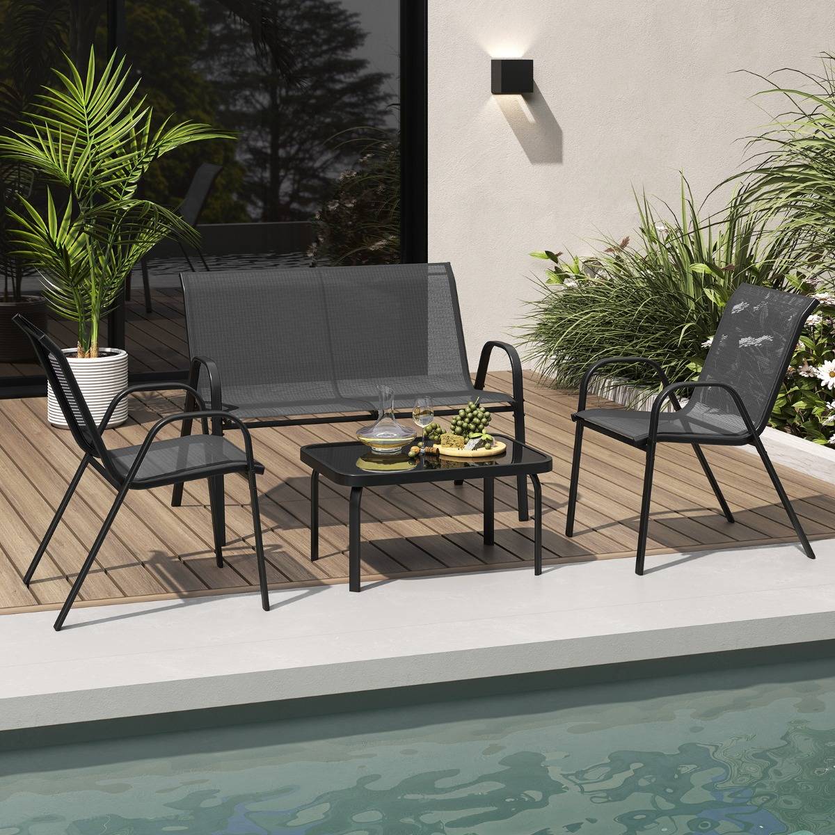 Ensemble Salon de Jardin 4 Pièces 2 Fauteuils 1 Canapé 1 Table Basse en Verre pour Terrasse Piscine Patio Balcon Gris MAISON CHIC - Image 6