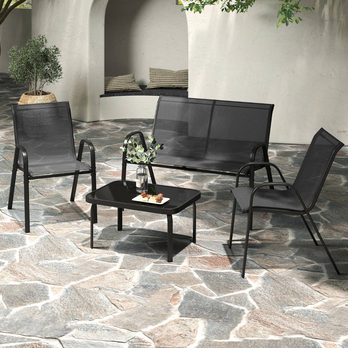 Ensemble Salon de Jardin 4 Pièces 2 Fauteuils 1 Canapé 1 Table Basse en Verre pour Terrasse Piscine Patio Balcon Gris MAISON CHIC - Image 2