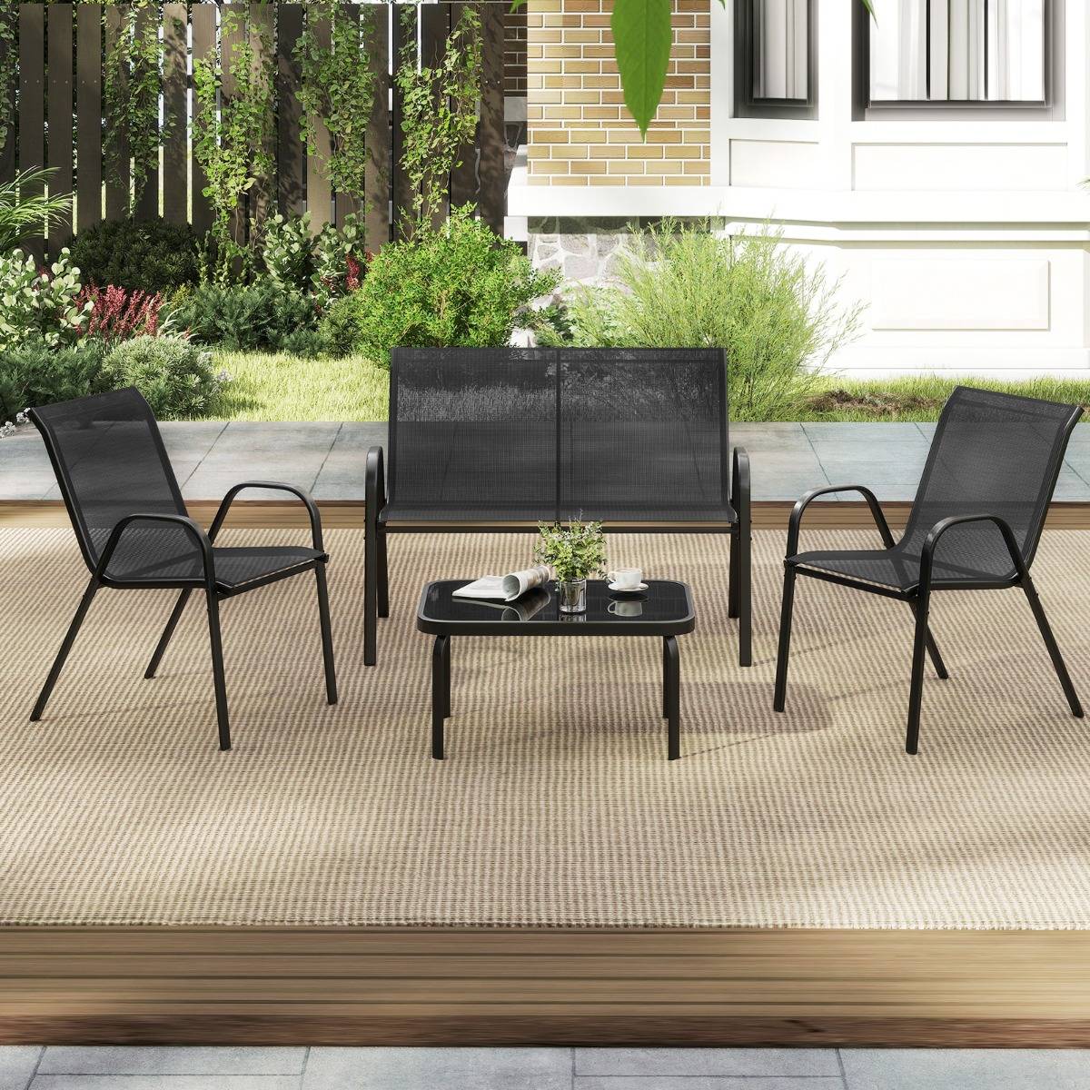 Ensemble Salon de Jardin 4 Pièces 2 Fauteuils 1 Canapé 1 Table Basse en Verre pour Terrasse Piscine Patio Balcon Gris MAISON CHIC - Image 4