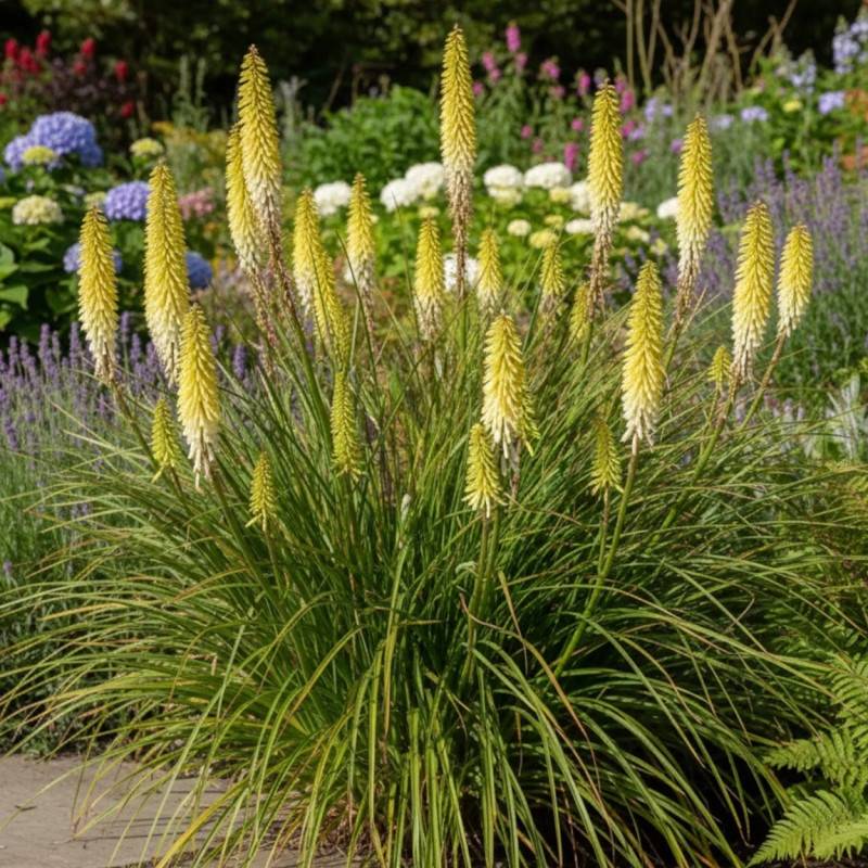 Kniphofia, Tison de Satan Little Maid à fleurs Blanche/Jaune - feuillage Caduc - Godet - 5/20 cm