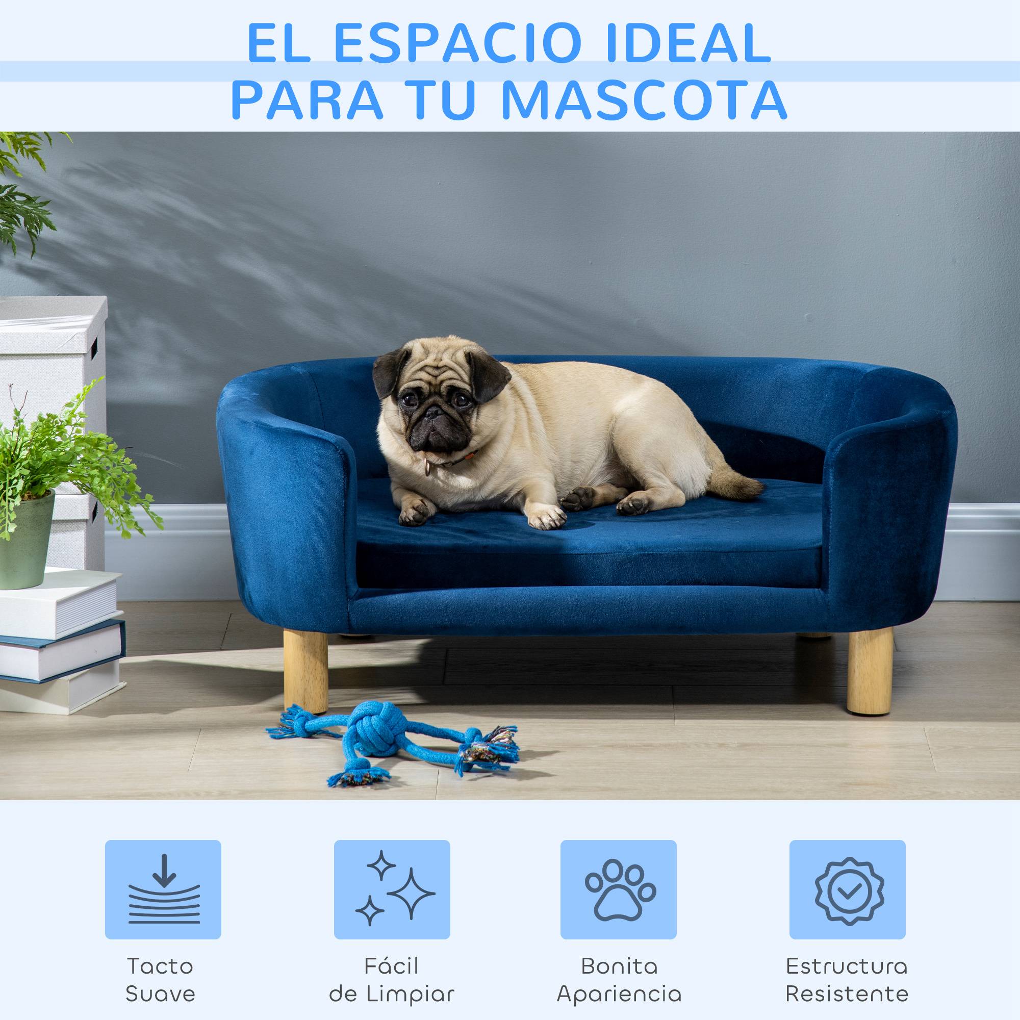 Canapé pour Chien en Velours sur Pieds Bois Lit Confortable avec Housse Lavable 86x55 cm Bleu - ComfortXL Outdoor Living - Image 6
